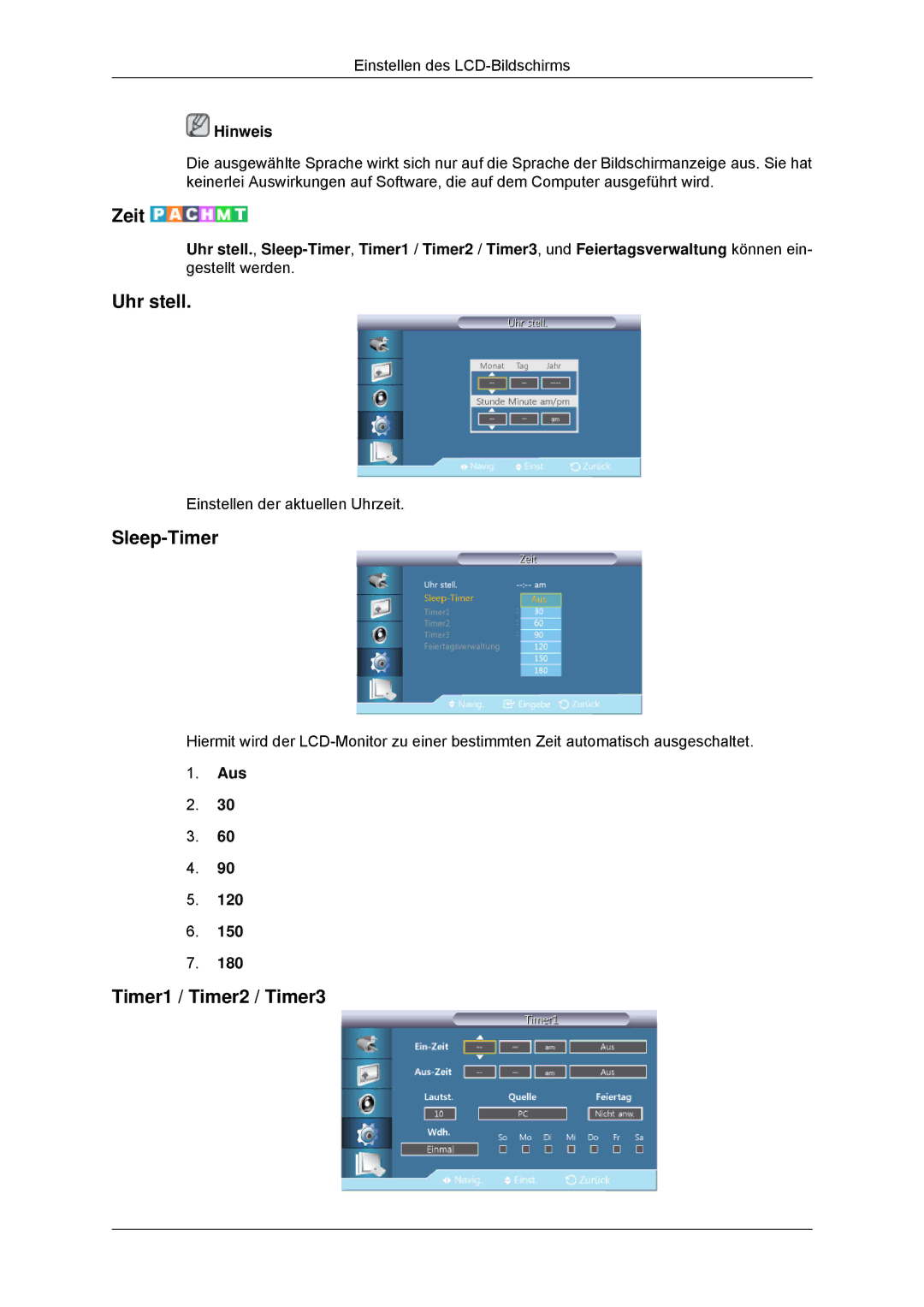 Samsung LH46CKPLBB/EN, LH46CBTLBB/EN, LH46CBQLBB/EN manual Zeit, Uhr stell, Sleep-Timer, Timer1 / Timer2 / Timer3, Aus 