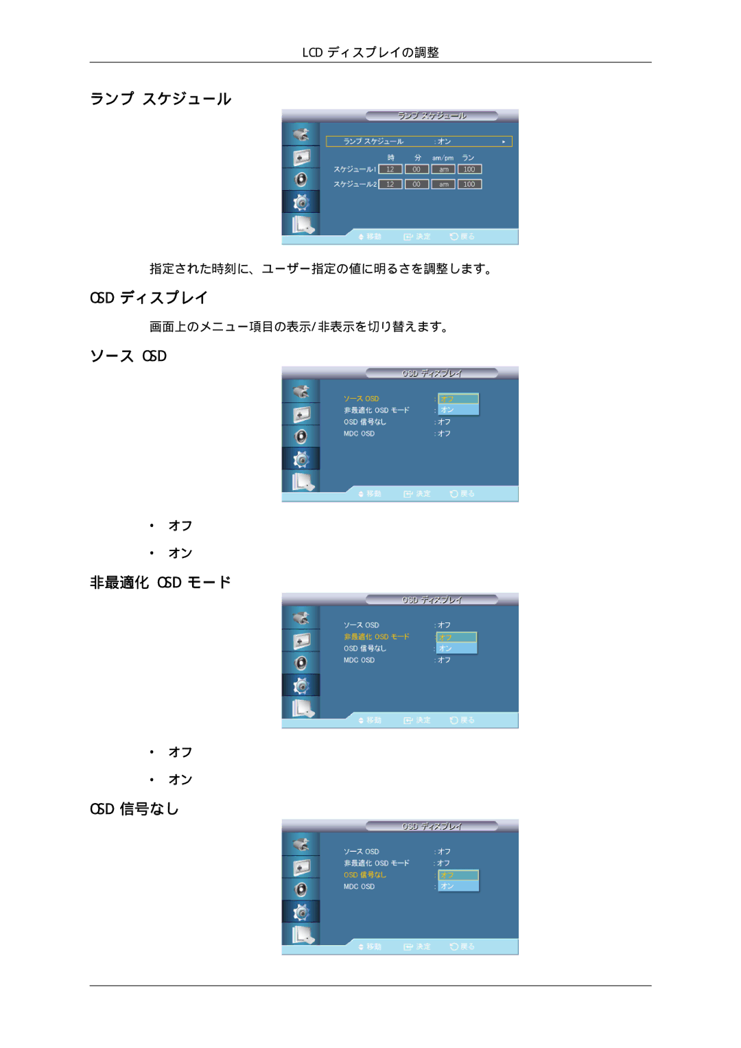 Samsung LH46CBQLBB/XJ, LH46CBULBB/XJ, LH46CBSLBB/XJ, LH46CKTLBB/XJ ランプ スケジュール, Osd ディスプレイ, ソース Osd 非最適化 Osd モード Osd 信号なし 