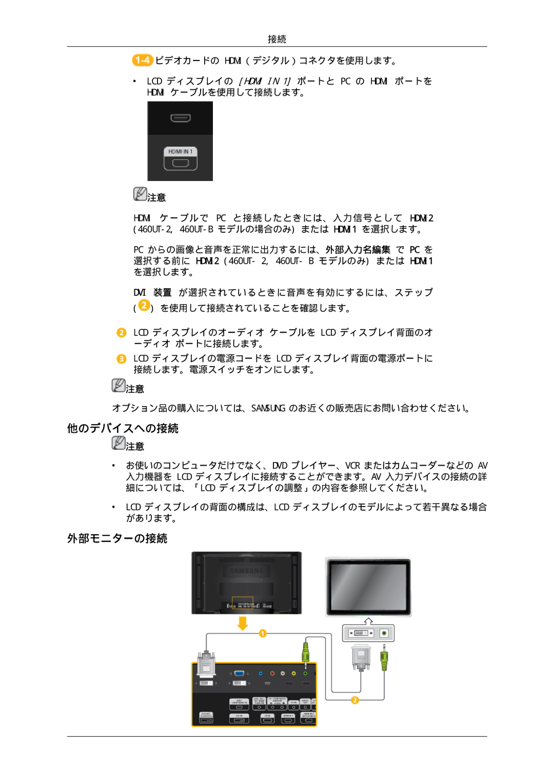 Samsung LH46CKPLBB/XJ, LH46CBULBB/XJ, LH46CBSLBB/XJ, LH46CBQLBB/XJ, LH46CKTLBB/XJ, LH46CKQLBB/XJ manual 他のデバイスへの接続, 外部モニターの接続 