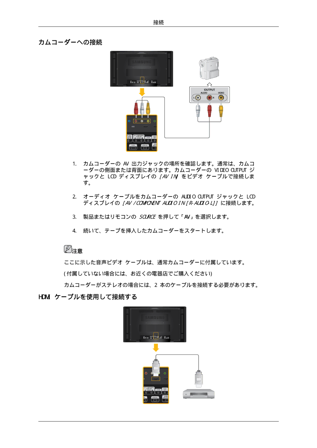 Samsung LH46CKSLBB/XJ, LH46CBULBB/XJ manual カムコーダーへの接続, Hdmi ケーブルを使用して接続する, ディスプレイの AV /COMPONENT Audio in R-AUDIO-L に接続します。 