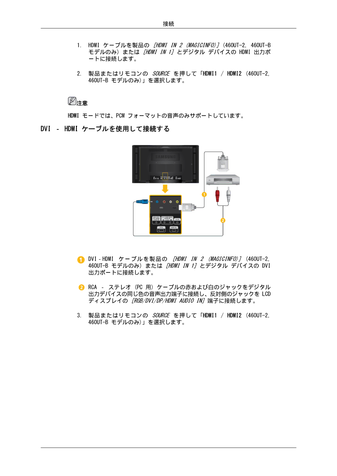 Samsung LH46CBTLBB/XJ, LH46CBULBB/XJ manual DVI ‐ Hdmi ケーブルを使用して接続する, Hdmi ケーブルを製品の Hdmi in 2 Magicinfo 460UT-2,460UT-B 