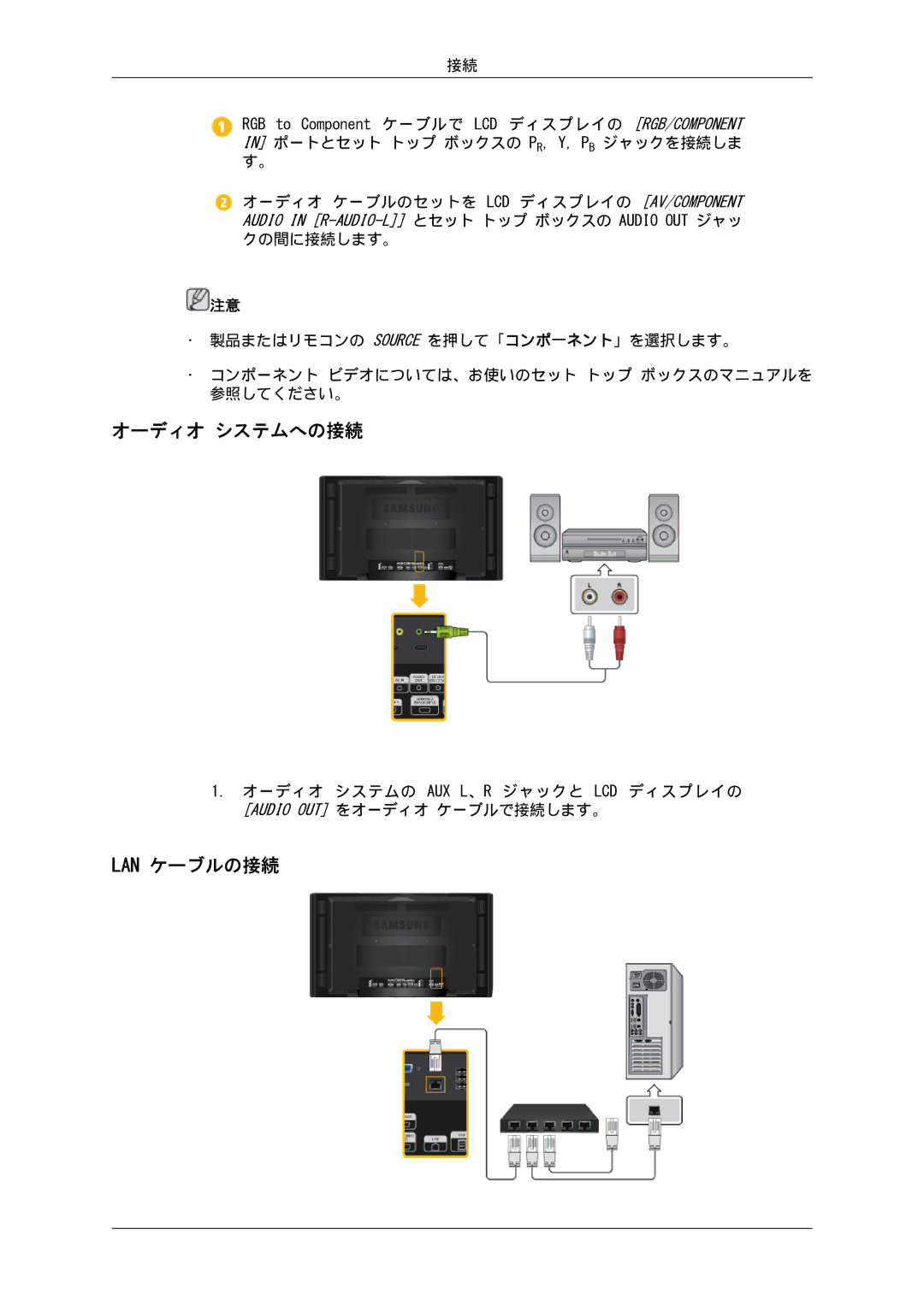 Samsung LH46CBULBB/XJ, LH46CBSLBB/XJ, LH46CBQLBB/XJ, LH46CKTLBB/XJ, LH46CKQLBB/XJ, LH46CKTJBB/XJ オーディオ システムへの接続, Lan ケーブルの接続 