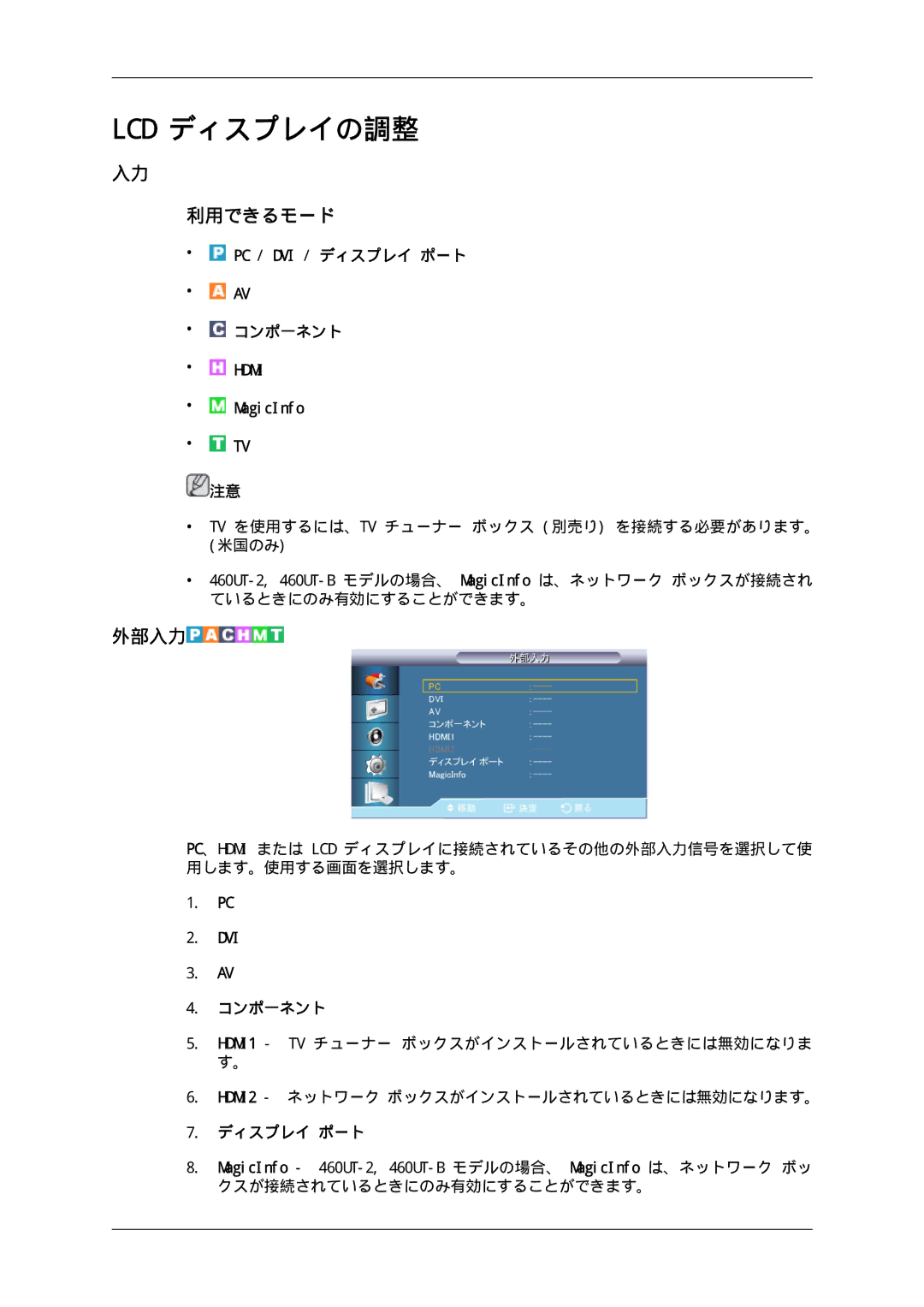 Samsung LH46CBSLBB/XJ, LH46CBULBB/XJ, LH46CBQLBB/XJ, LH46CKTLBB/XJ, LH46CKQLBB/XJ, LH46CKTJBB/XJ, LH46CKPLBB/XJ 利用できるモード, 外部入力 