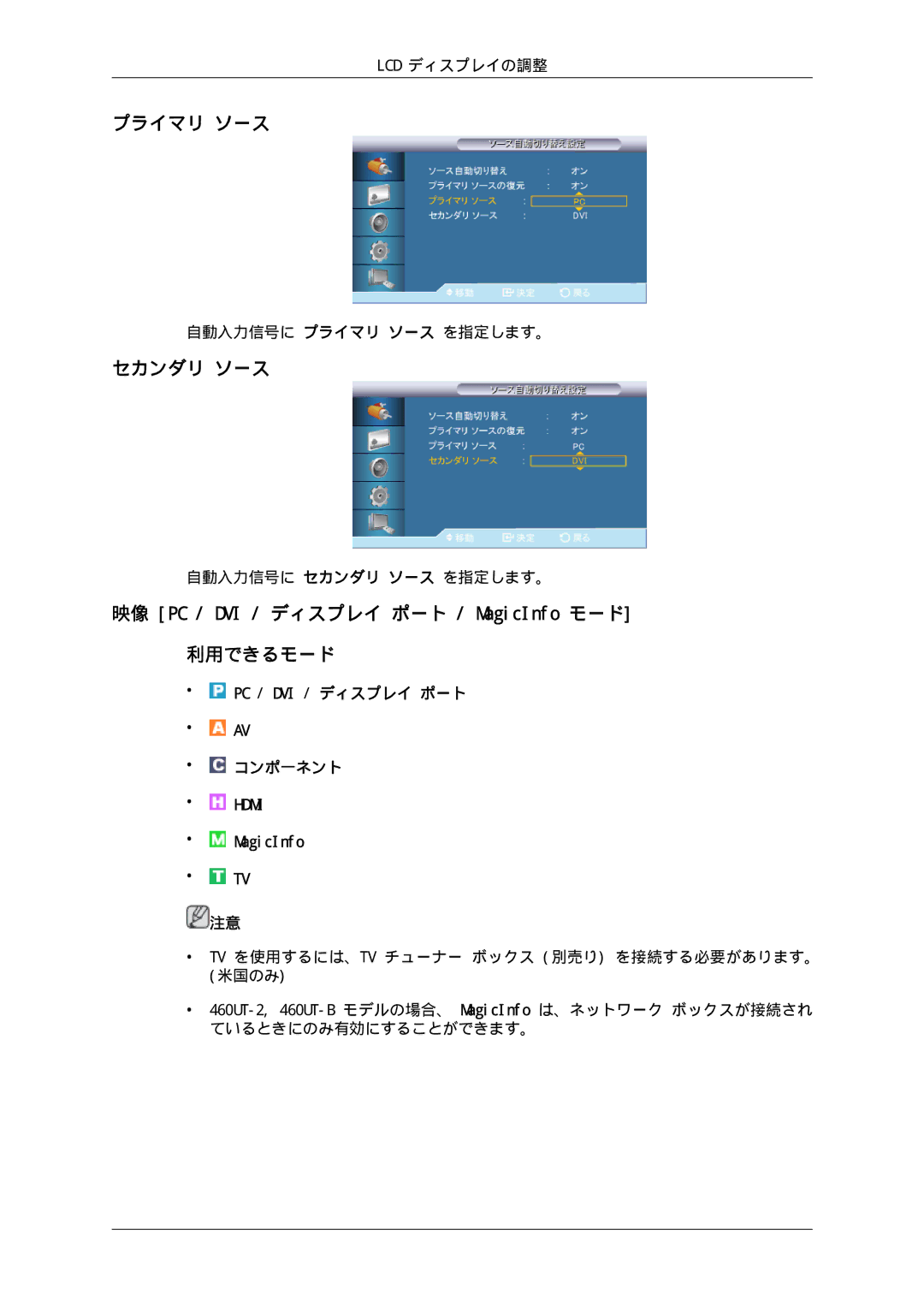 Samsung LH46CKPLBB/XJ, LH46CBULBB/XJ, LH46CBSLBB/XJ プライマリ ソース, セカンダリ ソース, 映像 PC / DVI / ディスプレイ ポート / MagicInfo モード 利用できるモード 