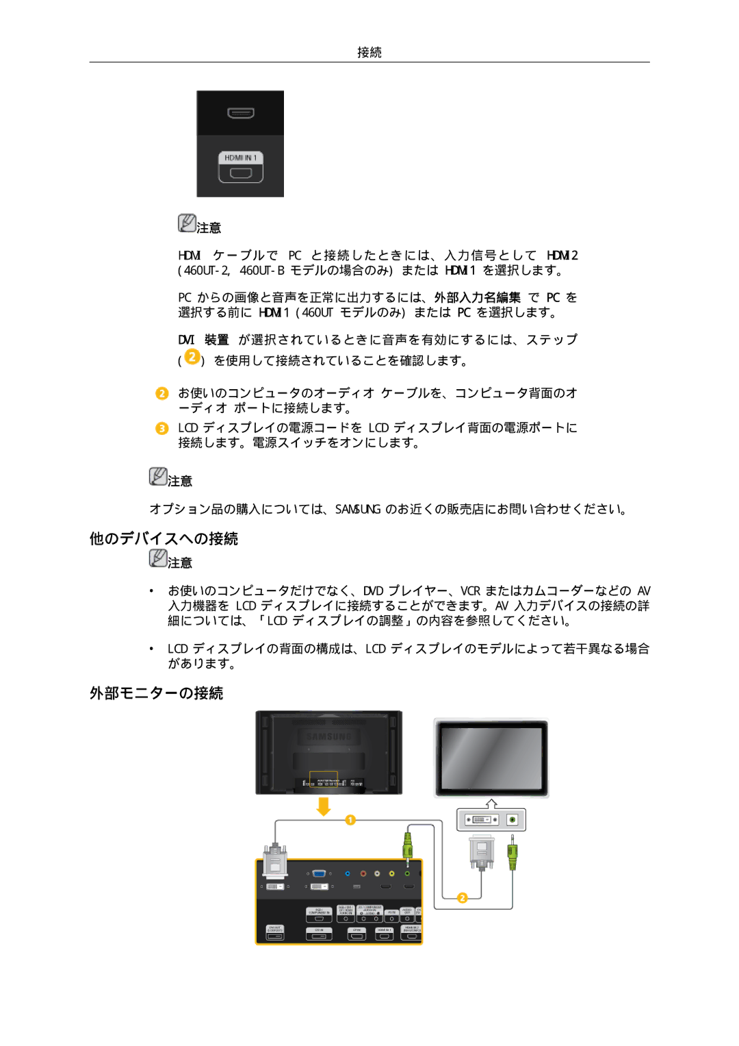 Samsung LH46CKTLBB/XJ, LH46CBULBB/XJ, LH46CBSLBB/XJ, LH46CBQLBB/XJ, LH46CKQLBB/XJ, LH46CKTJBB/XJ manual 他のデバイスへの接続, 外部モニターの接続 