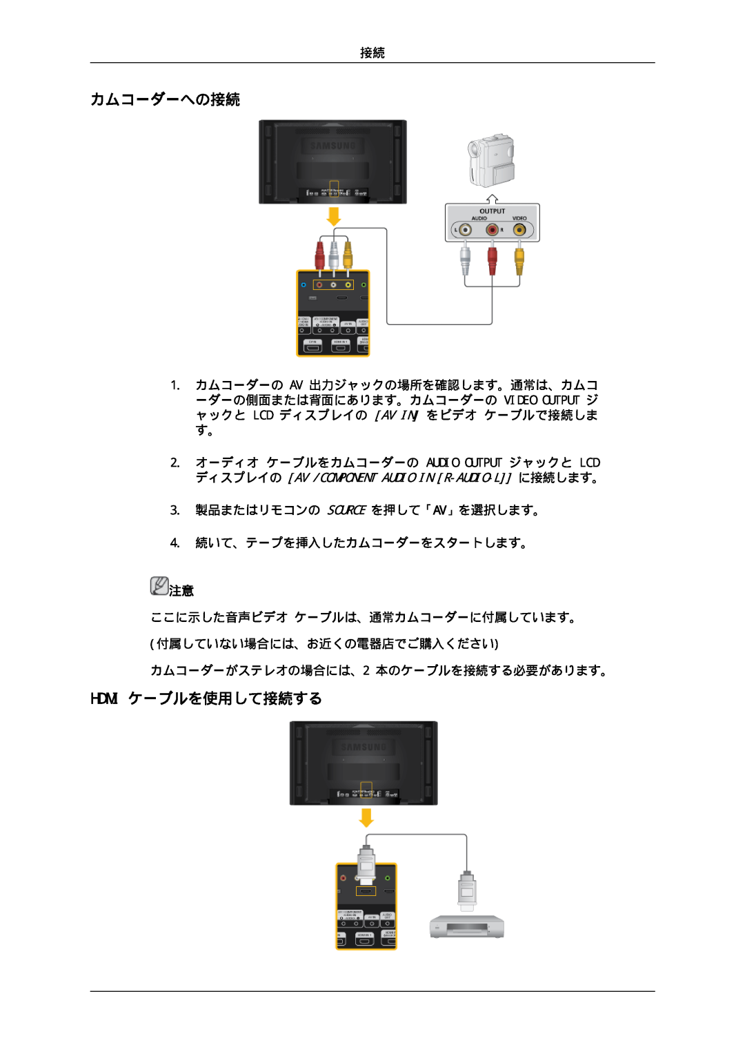 Samsung LH46CKSLBB/XJ, LH46CBULBB/XJ manual カムコーダーへの接続, Hdmi ケーブルを使用して接続する, ディスプレイの Av /Component Audio In R-Audio-L に接続します。 