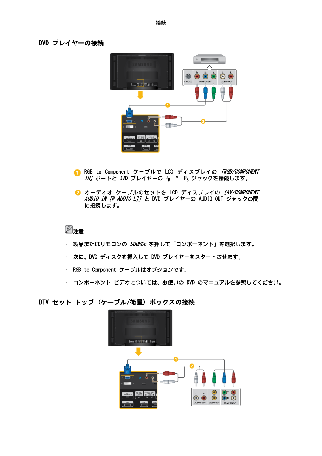 Samsung LH46CBPLBB/XJ manual Dvd プレイヤーの接続, Dtv セット トップ ケーブル/衛星 ボックスの接続, RGB to Component ケーブルで LCD ディスプレイの RGB/COMPONENT 