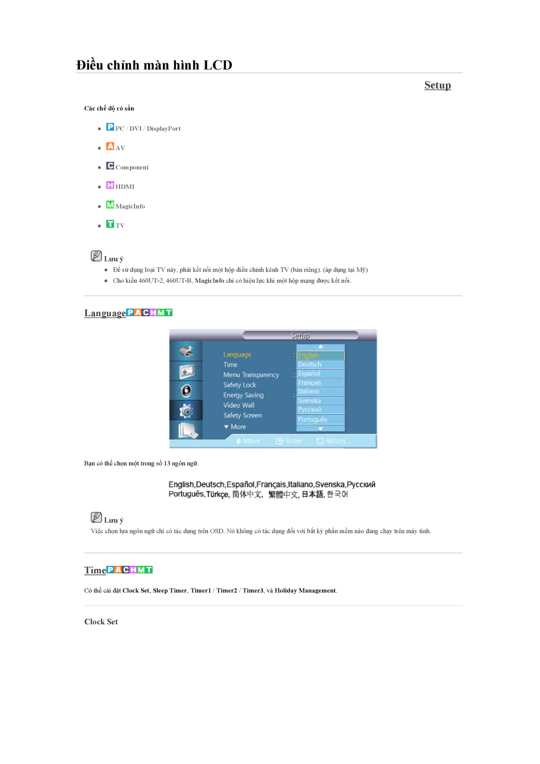 Samsung LH46CBTLBB/XV, LH46CKQLBB/EN, LH46CBSLBB/XY, LH46CBULBB/XY, LH46CKSLBB/XY manual Setup, Language, Time, Clock Set 