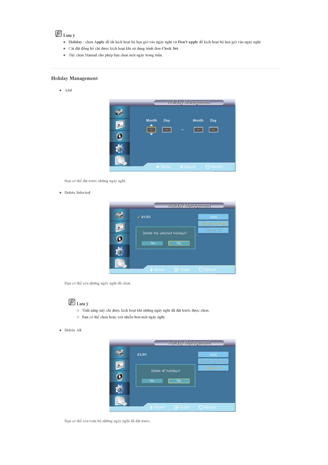 Samsung LH46CBPLBB/XV, LH46CKQLBB/EN, LH46CBSLBB/XY, LH46CBULBB/XY, LH46CKSLBB/XY, LH46CBQLBB/XY manual Holiday Management 