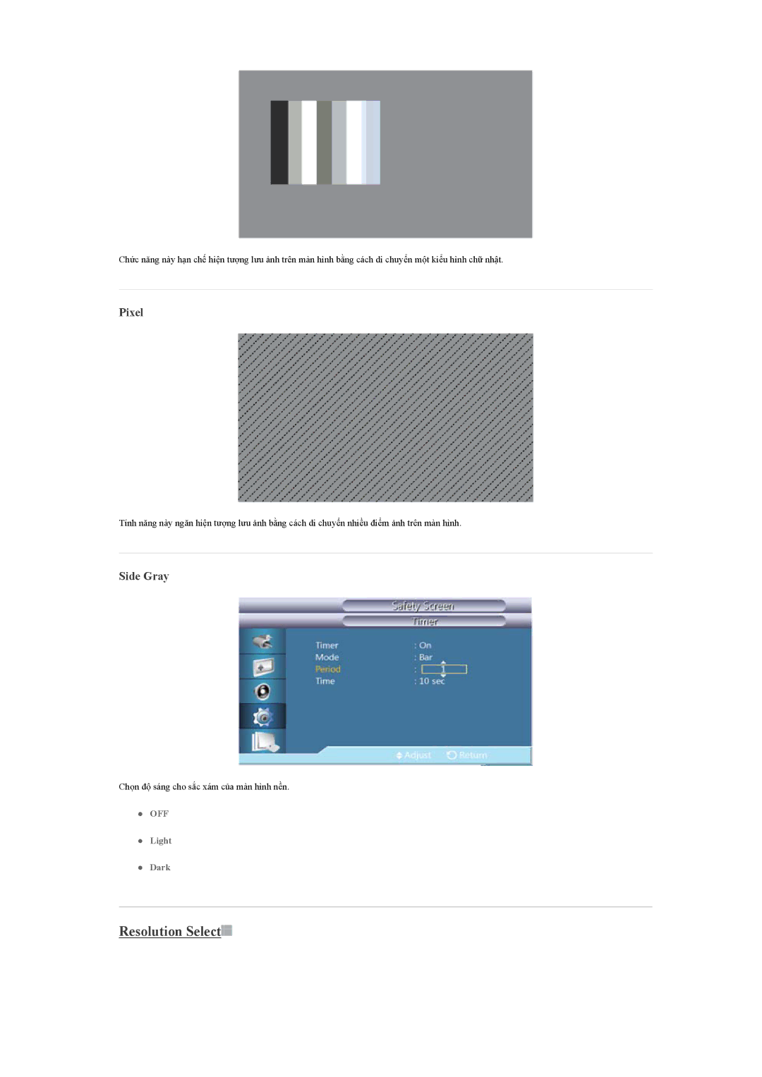 Samsung LH46CBQLBB/XS, LH46CKQLBB/EN, LH46CBSLBB/XY, LH46CBULBB/XY, LH46CKSLBB/XY manual Resolution Select, Pixel, Side Gray 