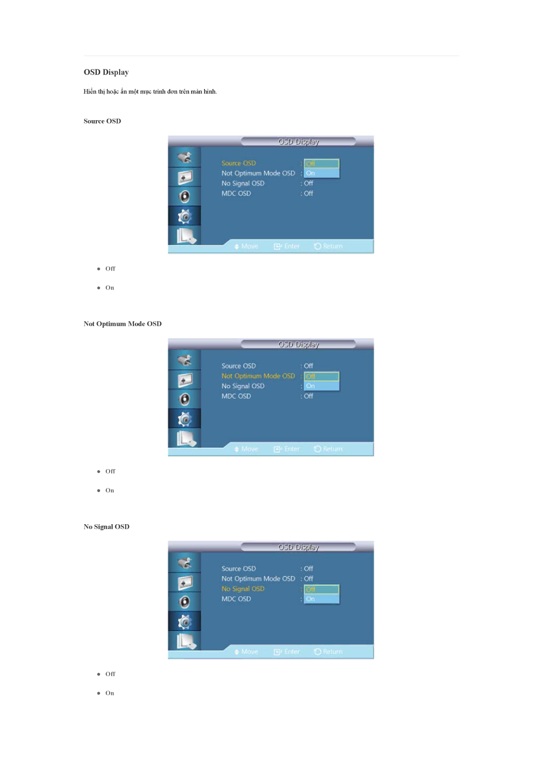 Samsung LH46CKSLBB/XY, LH46CKQLBB/EN, LH46CBSLBB/XY manual OSD Display, Source OSD, Not Optimum Mode OSD, No Signal OSD 