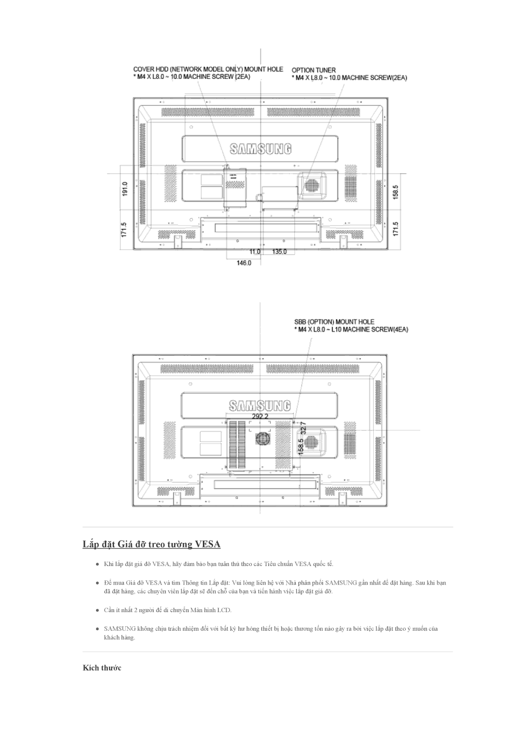Samsung LH46CBPLBB/XV, LH46CKQLBB/EN, LH46CBSLBB/XY, LH46CBULBB/XY, LH46CKSLBB/XY Lắp đặt Giá đỡ treo tường Vesa, Kích thước 