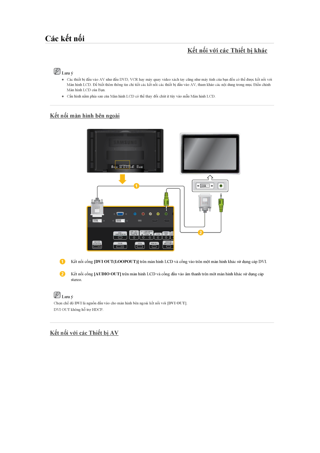 Samsung LH46CBPLBB/XV manual Kết nối với các Thiết bị khác, Kết nối màn hình bên ngoài, Kết nối với các Thiết bị AV 