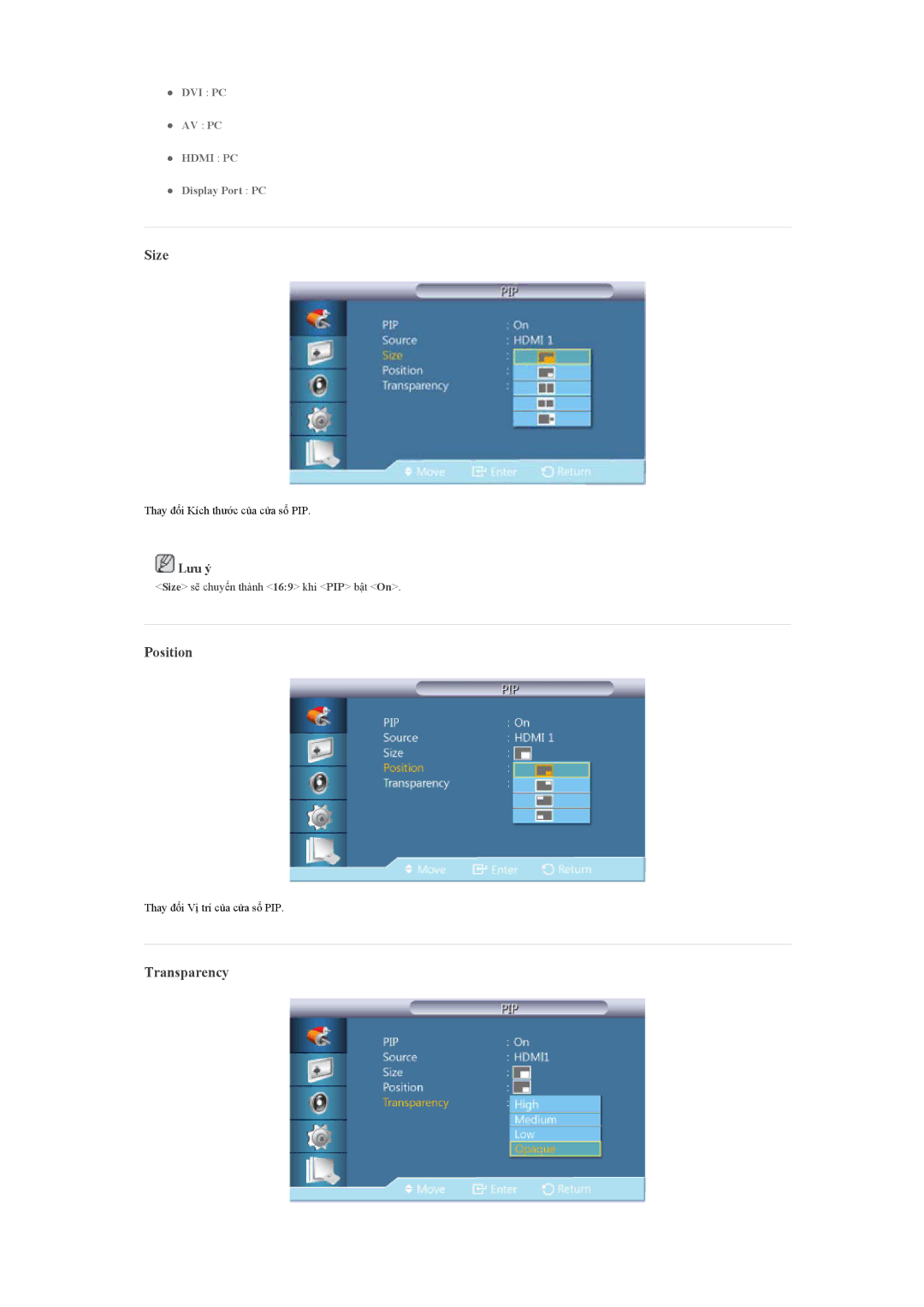 Samsung LH46CBSLBB/XY, LH46CKQLBB/EN, LH46CBULBB/XY, LH46CKSLBB/XY, LH46CBQLBB/XY, LH46CBTLBB/XV Size, Position, Transparency 