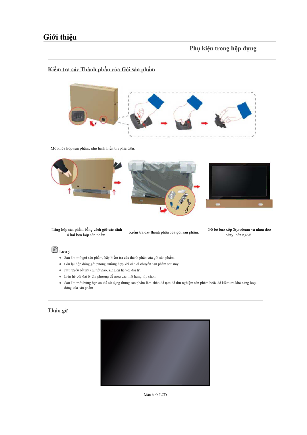 Samsung LH46CBULBB/XY, LH46CKQLBB/EN manual Phụ kiện trong hộp đựng, Kiểm tra các Thành phần của Gói sản phẩm, Tháo gỡ 