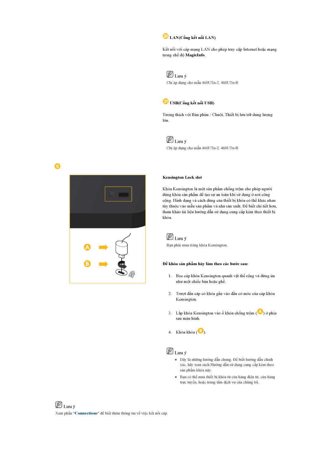 Samsung LH46CKQLBM/XY, LH46CKQLBB/EN, LH46CBSLBB/XY manual LANCổng kết nối LAN, USBCổng kết nối USB, Kensington Lock slot 