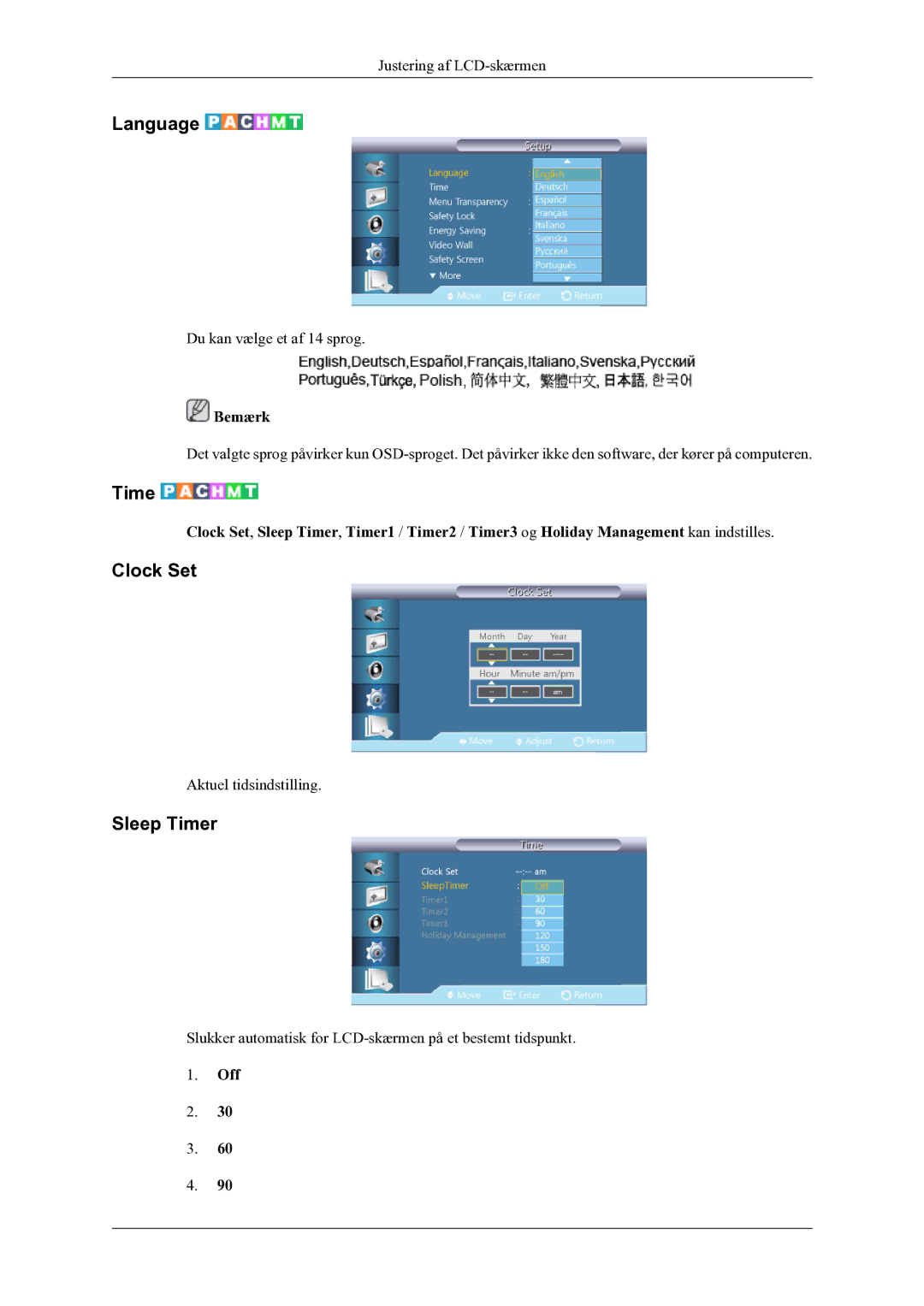 Samsung LH46CPPLBB/EN, LH55CPPLBB/EN manual Language, Clock Set, Sleep Timer 