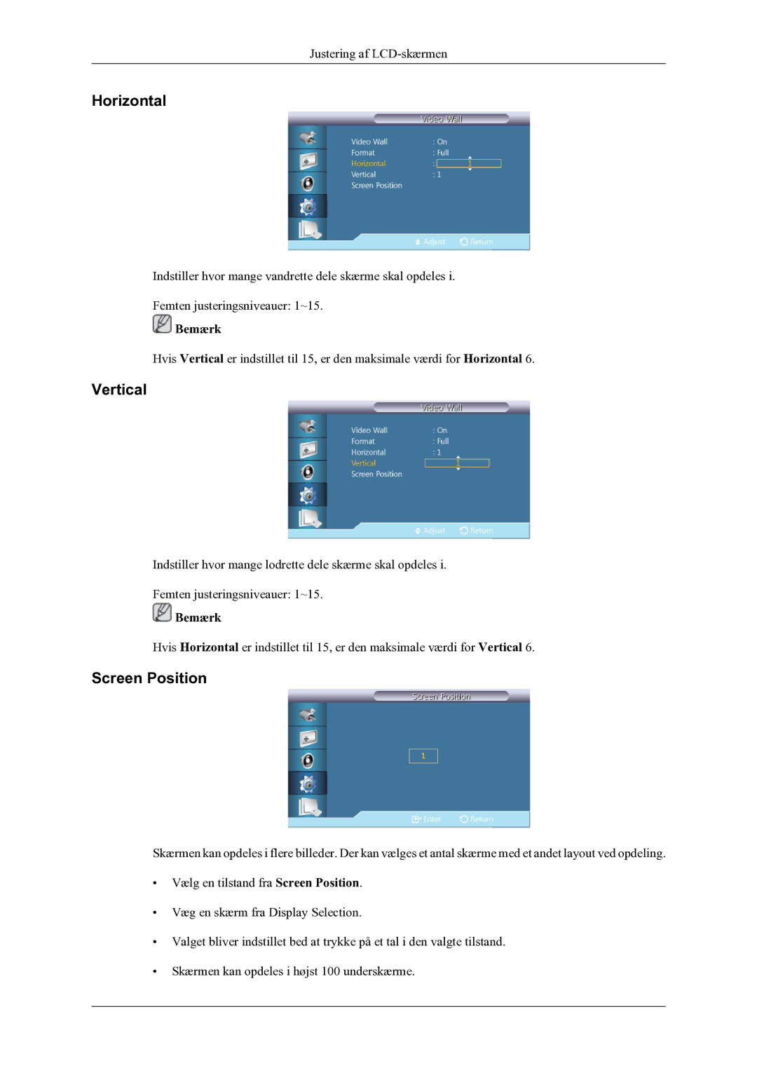 Samsung LH55CPPLBB/EN, LH46CPPLBB/EN manual Horizontal, Vertical, Screen Position 