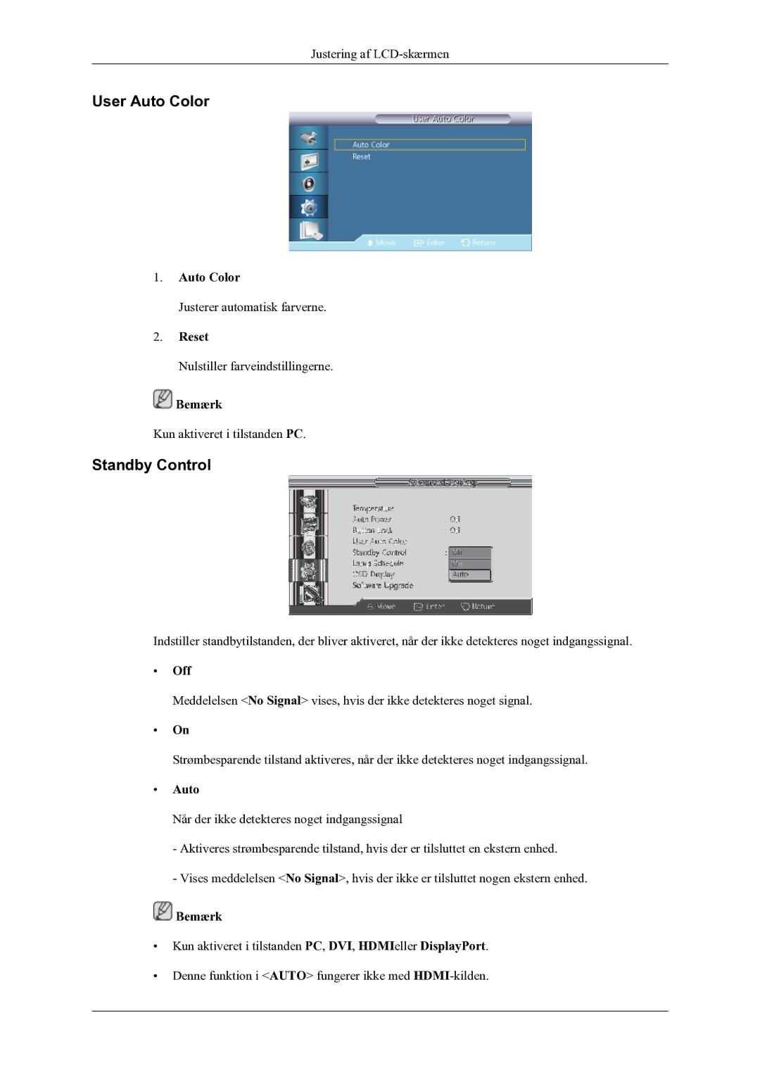 Samsung LH55CPPLBB/EN, LH46CPPLBB/EN manual User Auto Color, Standby Control, Reset 