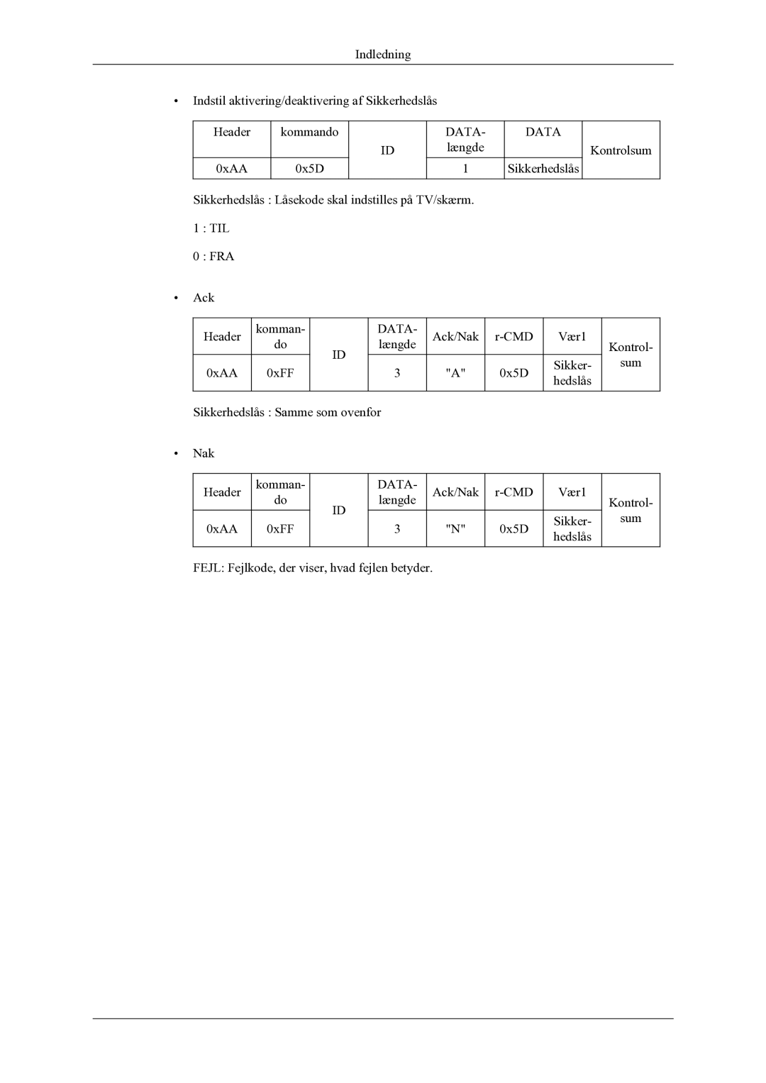 Samsung LH55CPPLBB/EN, LH46CPPLBB/EN manual Ack/Nak CMD Vær1 Længde Kontrol 0xAA 0xFF 0x5D Sikker Sum 