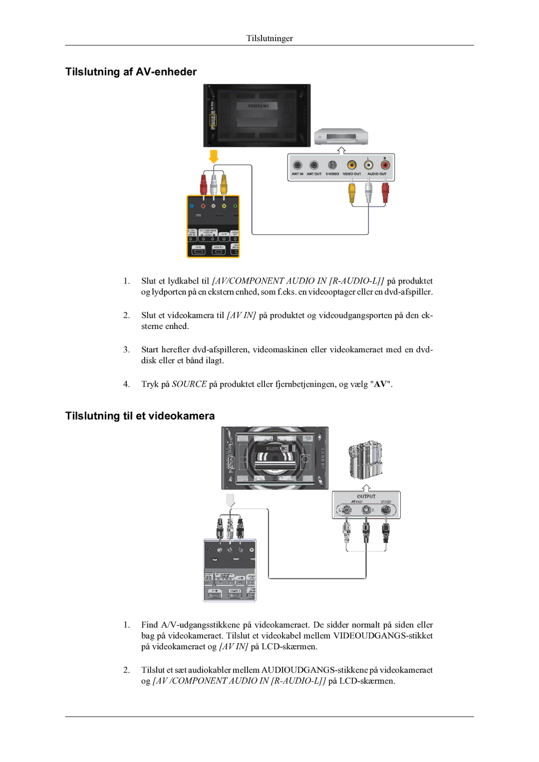 Samsung LH55CPPLBB/EN, LH46CPPLBB/EN manual Tilslutning af AV-enheder, Tilslutning til et videokamera 