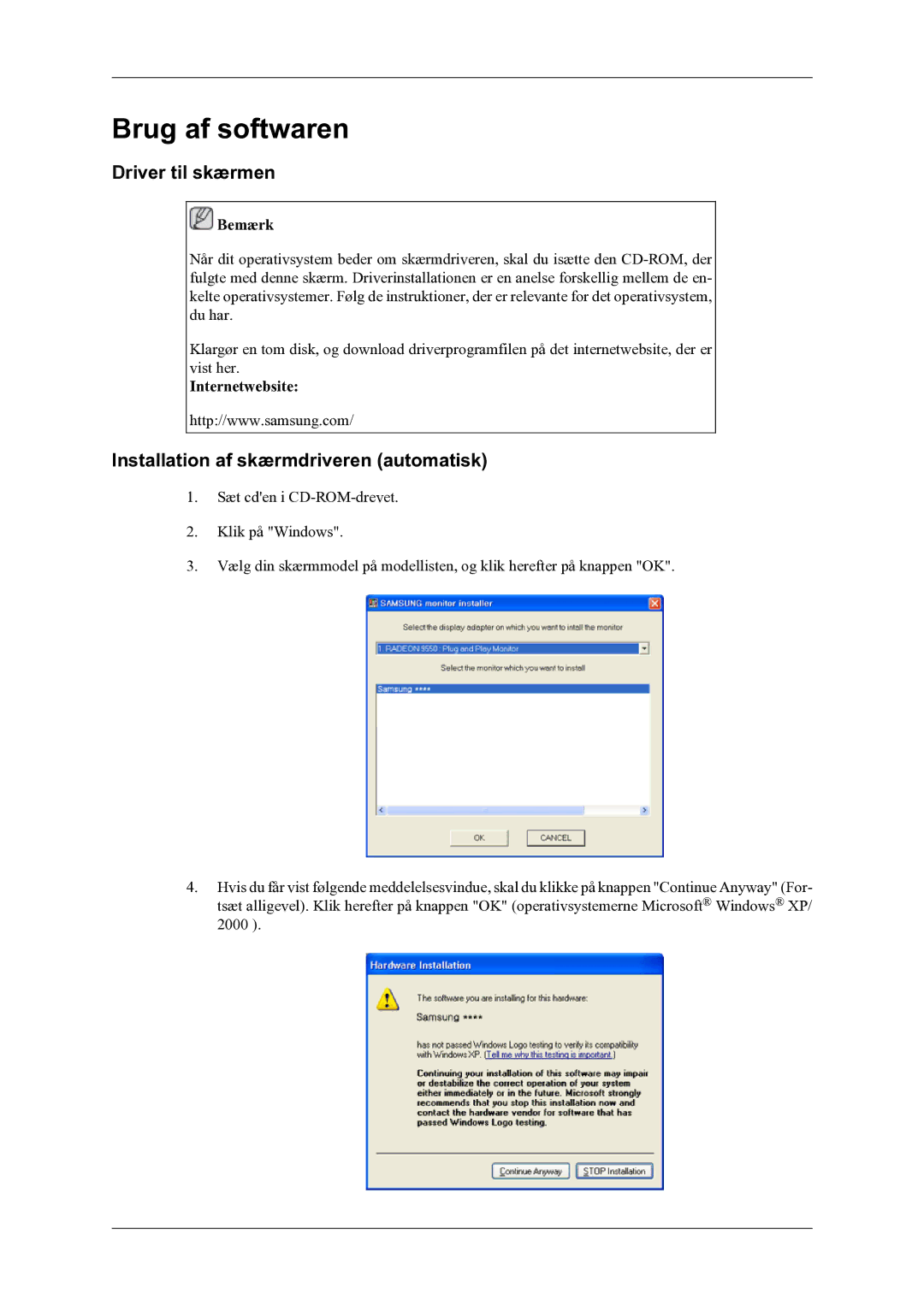 Samsung LH46CPPLBB/EN, LH55CPPLBB/EN manual Driver til skærmen, Installation af skærmdriveren automatisk, Internetwebsite 