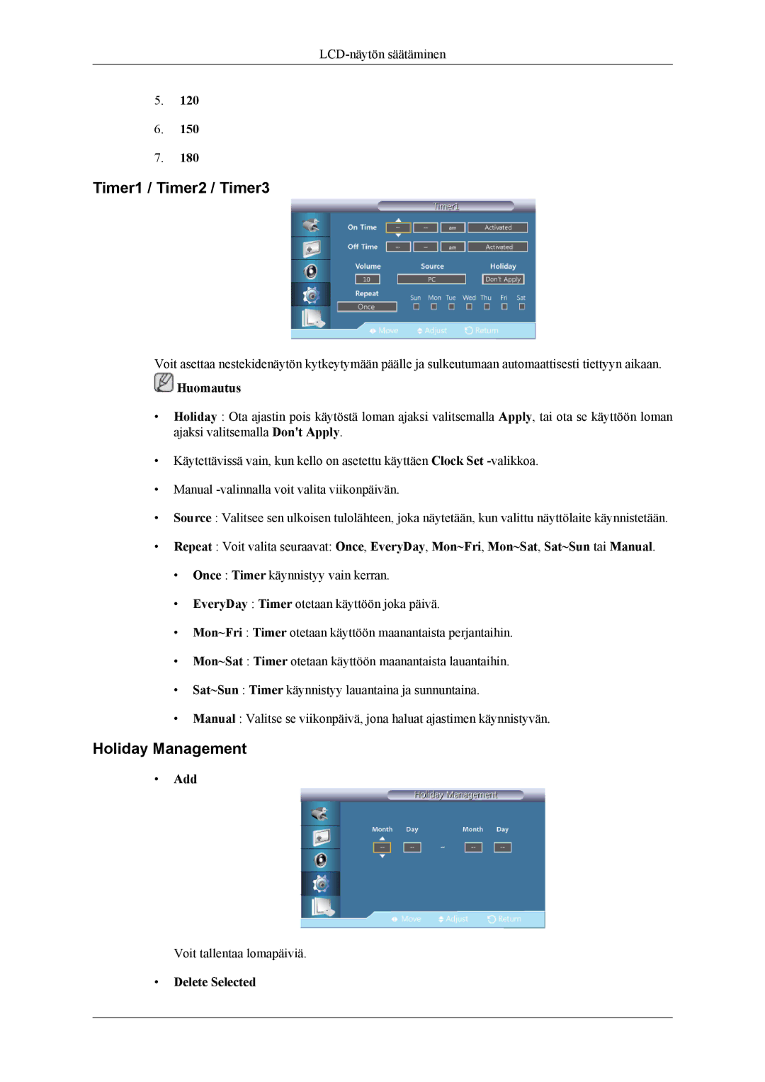 Samsung LH55CPPLBB/EN, LH46CPPLBB/EN manual Timer1 / Timer2 / Timer3, Holiday Management, Add, Delete Selected 