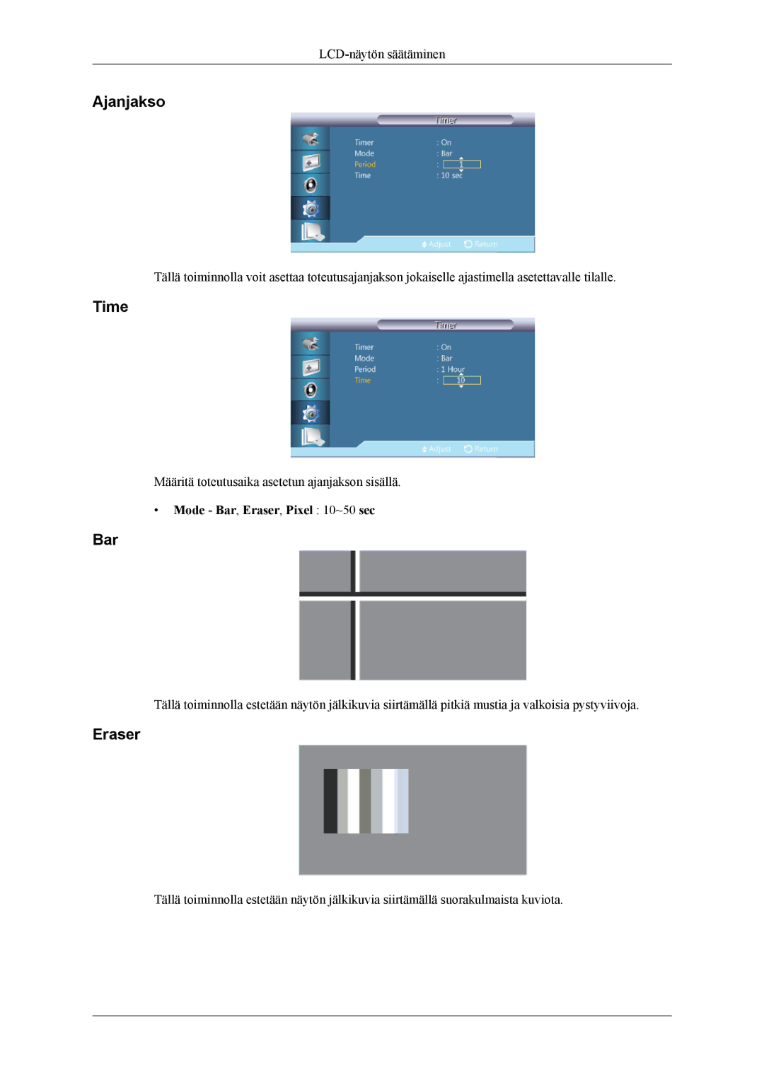 Samsung LH46CPPLBB/EN, LH55CPPLBB/EN manual Ajanjakso, Mode Bar, Eraser, Pixel 10~50 sec 