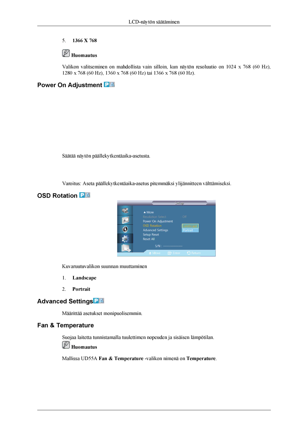 Samsung LH46CPPLBB/EN, LH55CPPLBB/EN manual Power On Adjustment, OSD Rotation, Advanced Settings, Fan & Temperature 