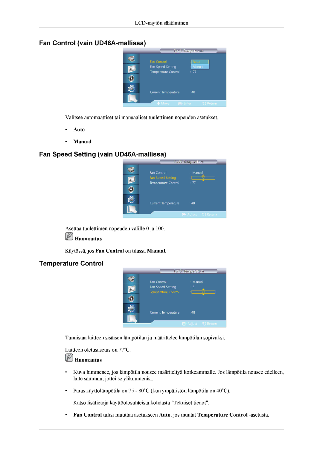 Samsung LH55CPPLBB/EN manual Fan Control vain UD46A-mallissa, Fan Speed Setting vain UD46A-mallissa, Temperature Control 