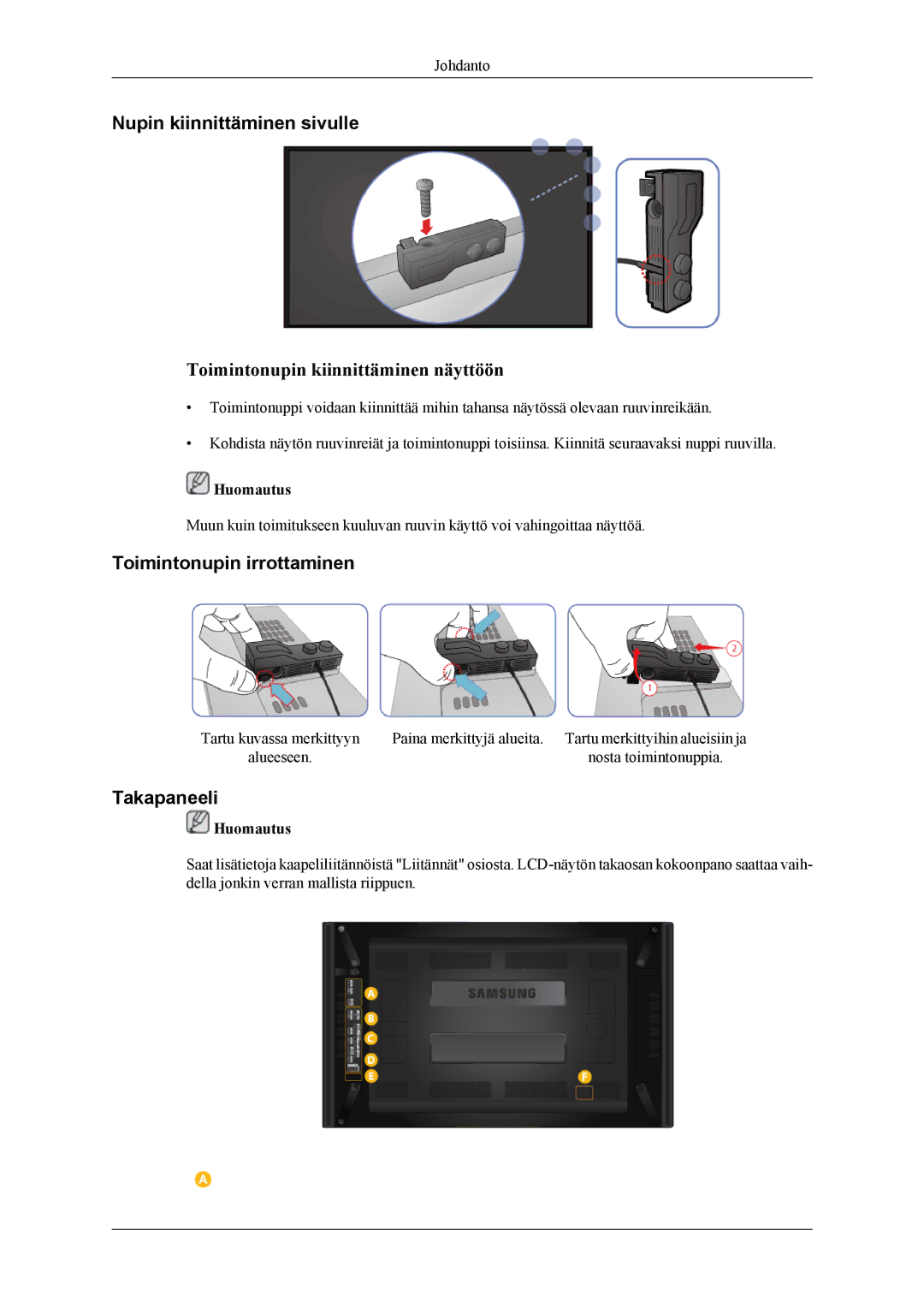 Samsung LH46CPPLBB/EN, LH55CPPLBB/EN manual Nupin kiinnittäminen sivulle, Toimintonupin irrottaminen, Takapaneeli 