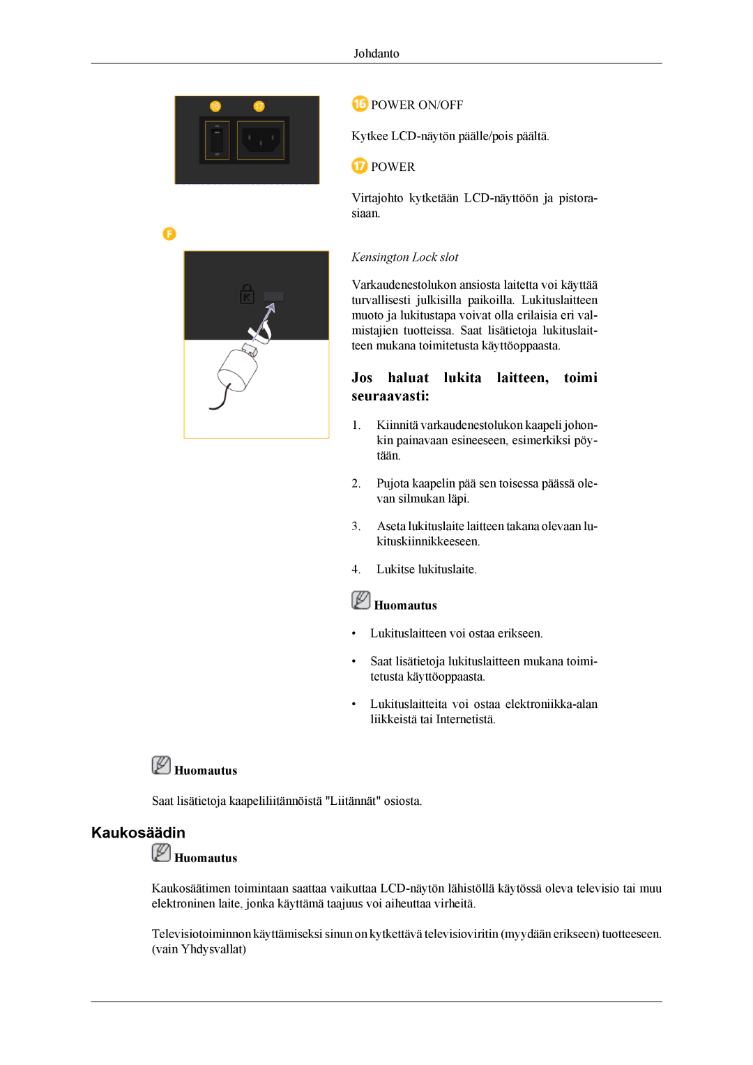 Samsung LH46CPPLBB/EN, LH55CPPLBB/EN manual Kaukosäädin, Kensington Lock slot 