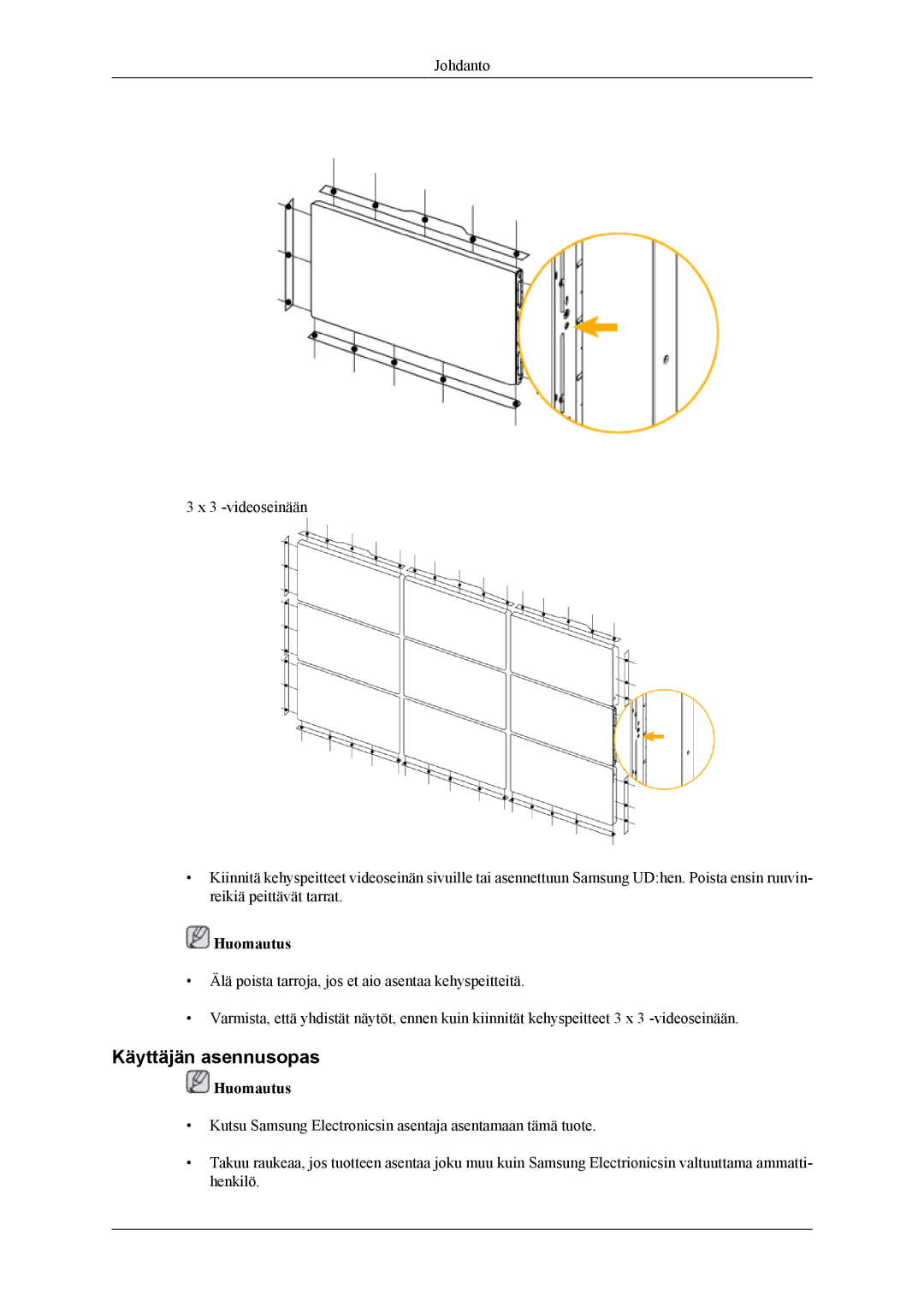 Samsung LH46CPPLBB/EN, LH55CPPLBB/EN manual Käyttäjän asennusopas, Huomautus 