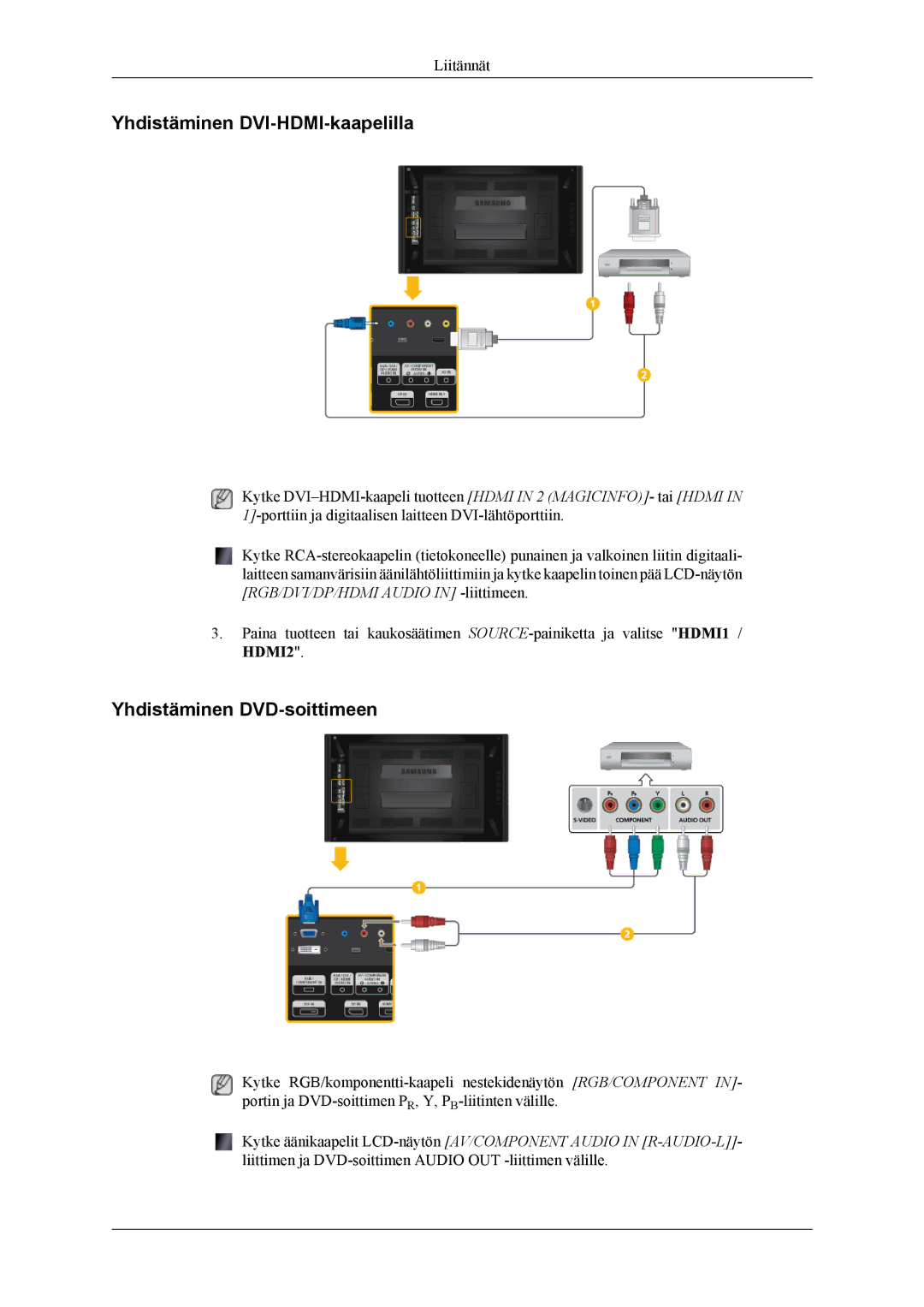 Samsung LH55CPPLBB/EN, LH46CPPLBB/EN manual Yhdistäminen DVI-HDMI-kaapelilla, Yhdistäminen DVD-soittimeen 