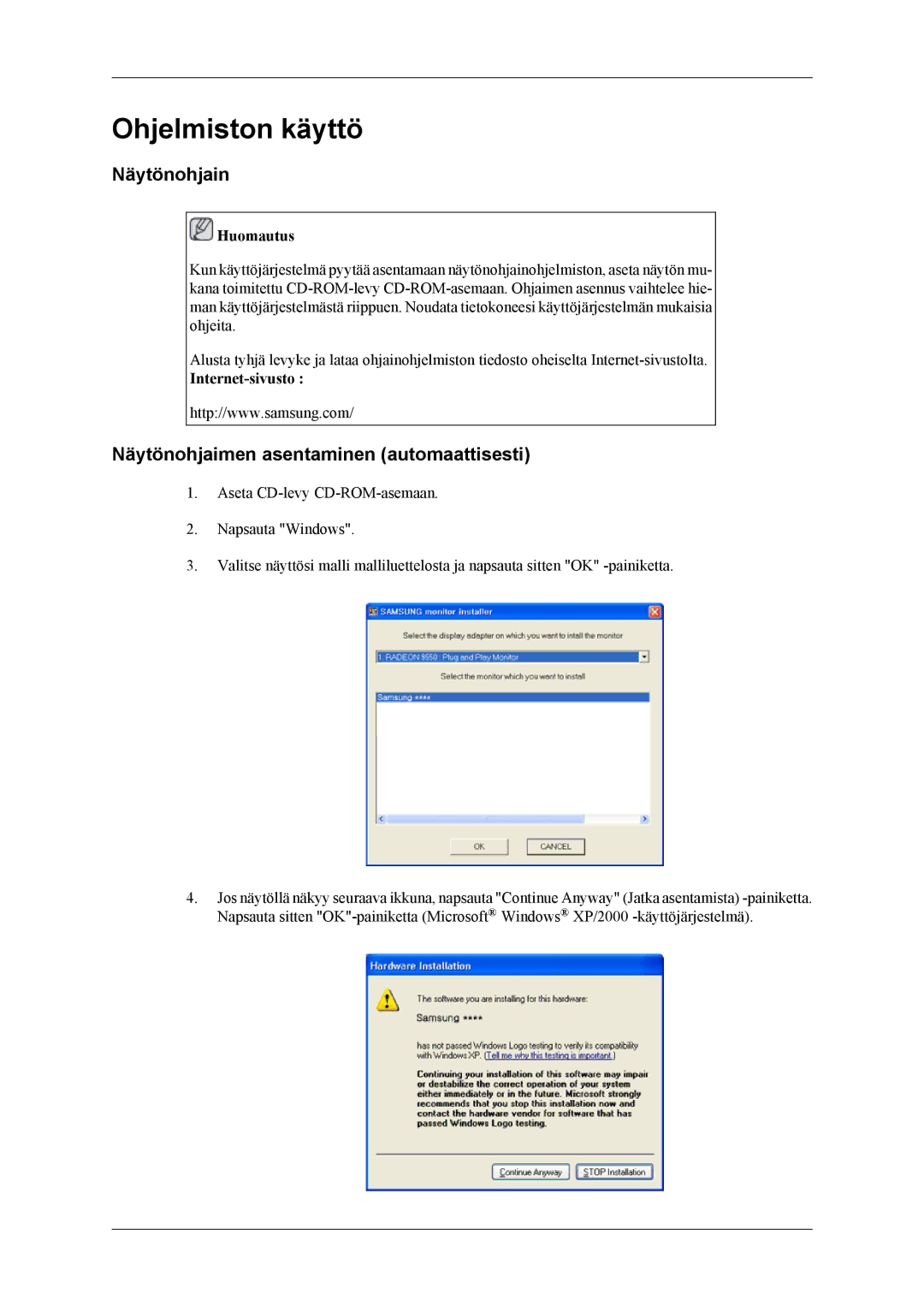 Samsung LH46CPPLBB/EN, LH55CPPLBB/EN manual Näytönohjain, Näytönohjaimen asentaminen automaattisesti, Internet-sivusto 