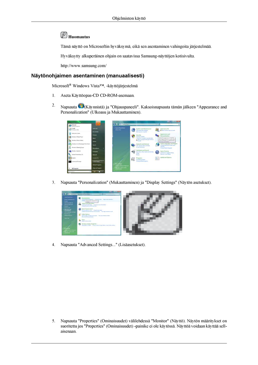 Samsung LH55CPPLBB/EN, LH46CPPLBB/EN manual Näytönohjaimen asentaminen manuaalisesti 