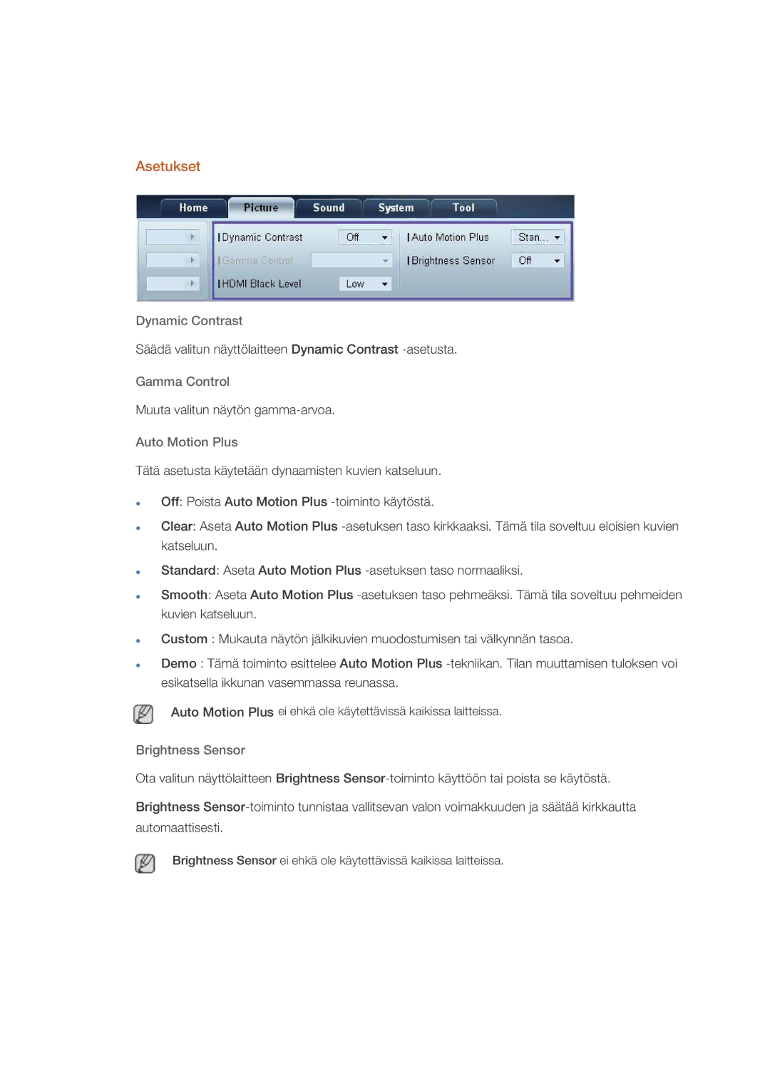 Samsung LH55CPPLBB/EN, LH46CPPLBB/EN manual Asetukset, Dynamic Contrast, Gamma Control, Auto Motion Plus, Brightness Sensor 