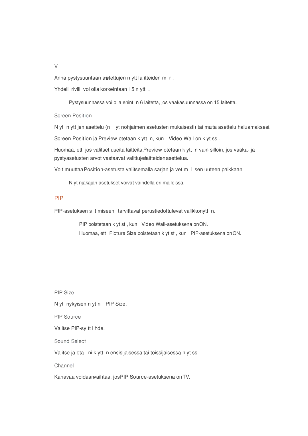 Samsung LH55CPPLBB/EN, LH46CPPLBB/EN manual Screen Position, PIP Size, PIP Source, Sound Select 