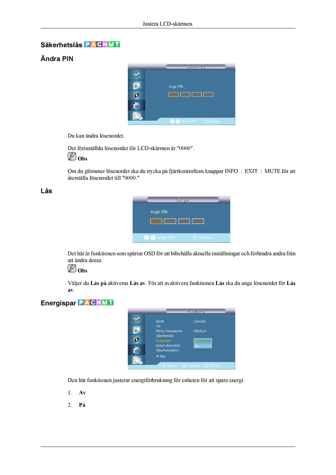 Samsung LH55CPPLBB/EN, LH46CPPLBB/EN manual Säkerhetslås Ändra PIN, Lås, Energispar 