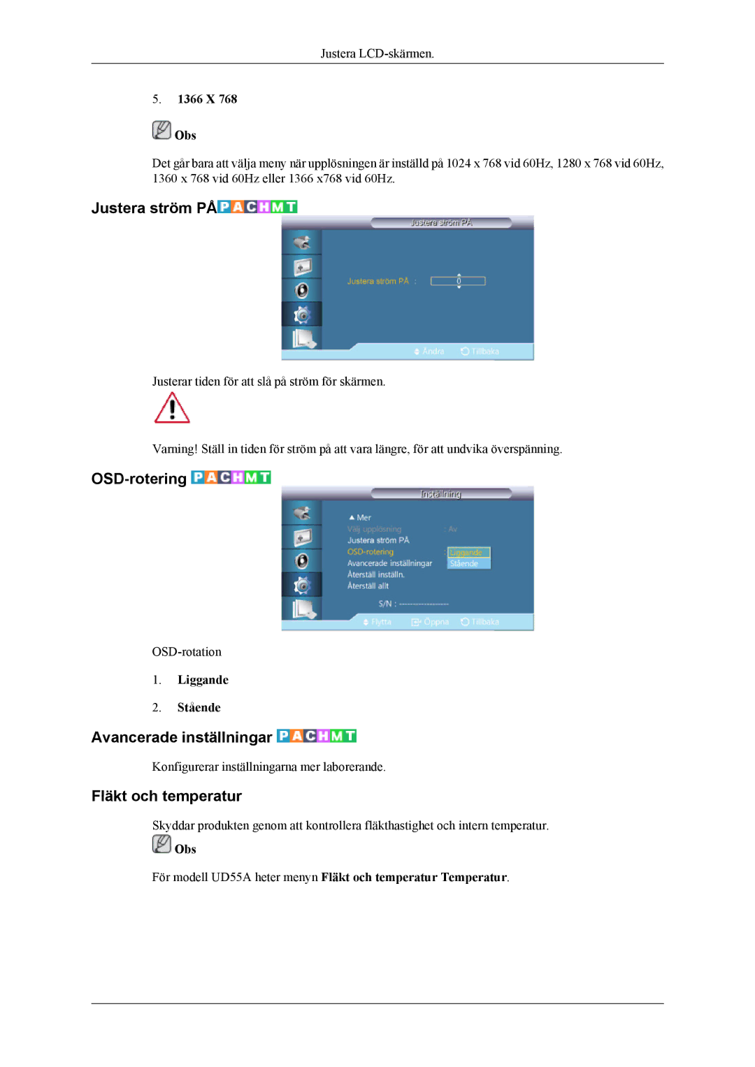 Samsung LH46CPPLBB/EN, LH55CPPLBB/EN manual Justera ström PÅ, OSD-rotering, Avancerade inställningar, Fläkt och temperatur 