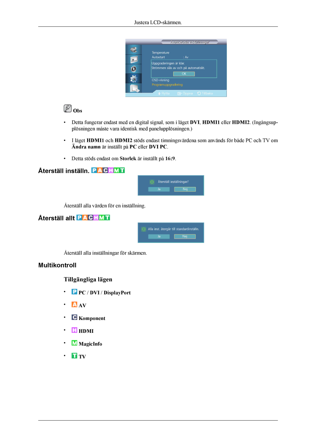 Samsung LH46CPPLBB/EN, LH55CPPLBB/EN manual Återställ inställn, Återställ allt, Multikontroll, MagicInfo 