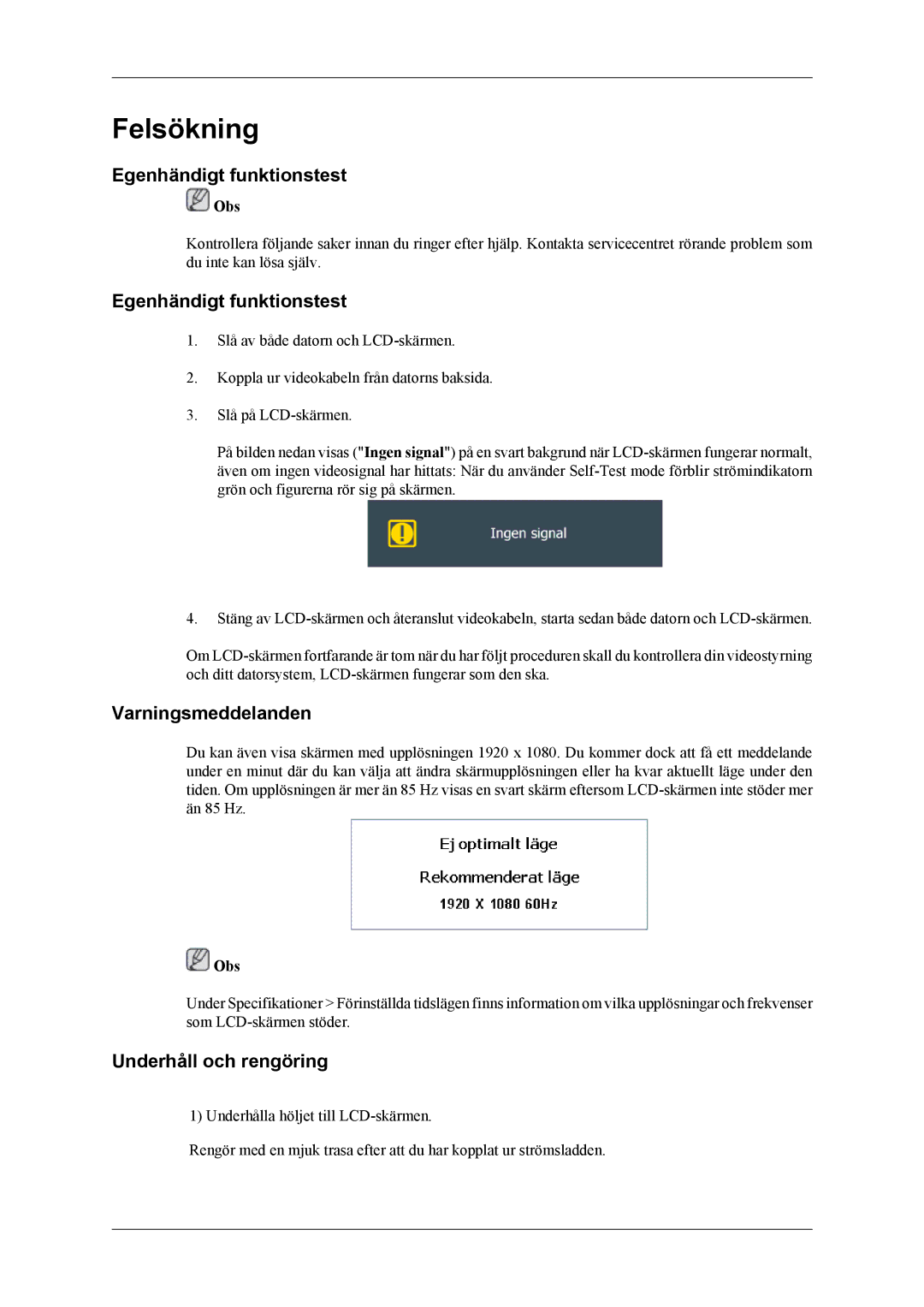 Samsung LH46CPPLBB/EN, LH55CPPLBB/EN manual Egenhändigt funktionstest, Varningsmeddelanden, Underhåll och rengöring 