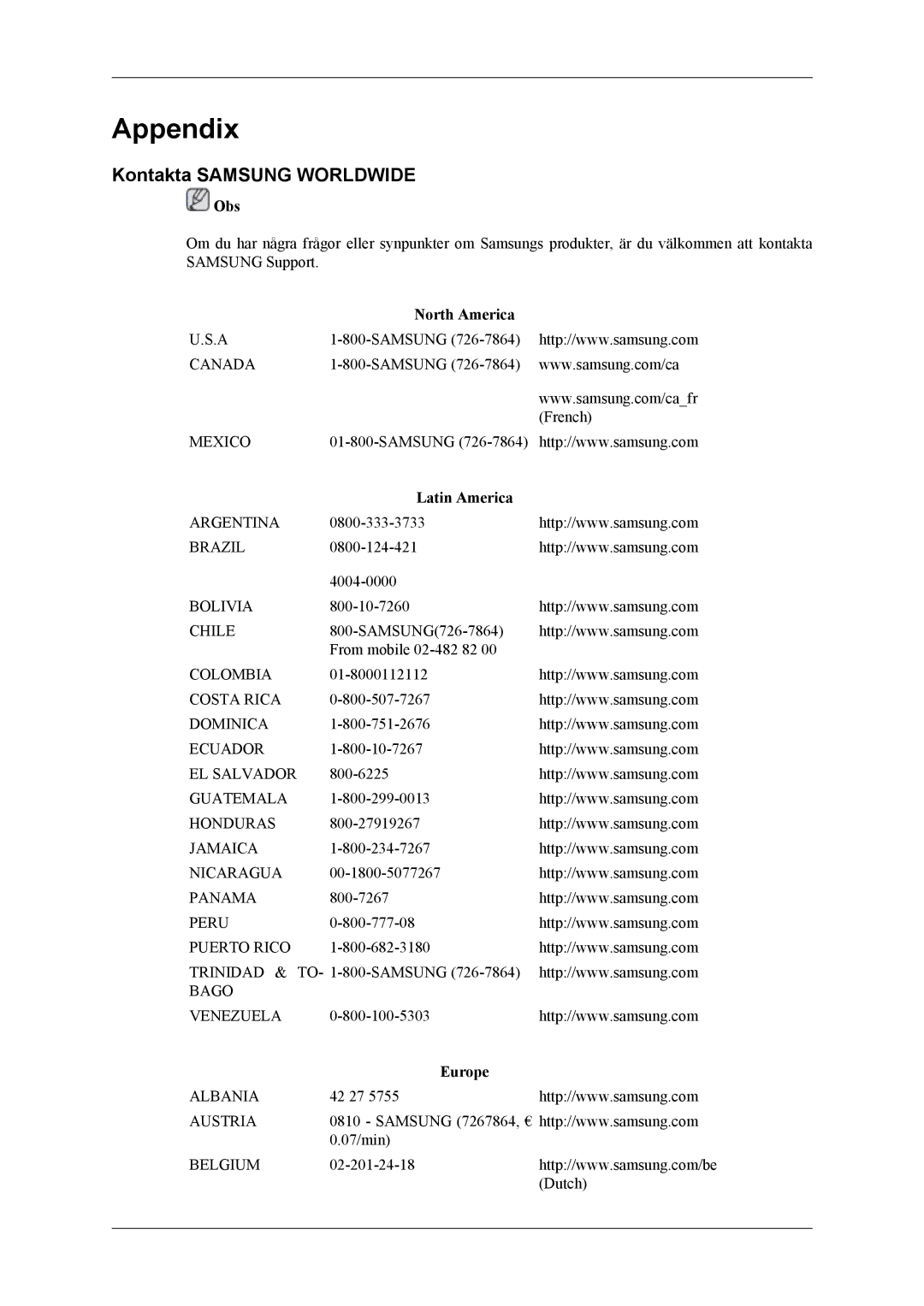 Samsung LH55CPPLBB/EN, LH46CPPLBB/EN manual Kontakta Samsung Worldwide, North America, Latin America, Europe 