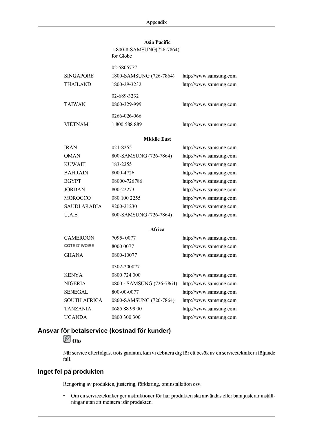 Samsung LH46CPPLBB/EN manual Ansvar för betalservice kostnad för kunder, Inget fel på produkten, Middle East, Africa 