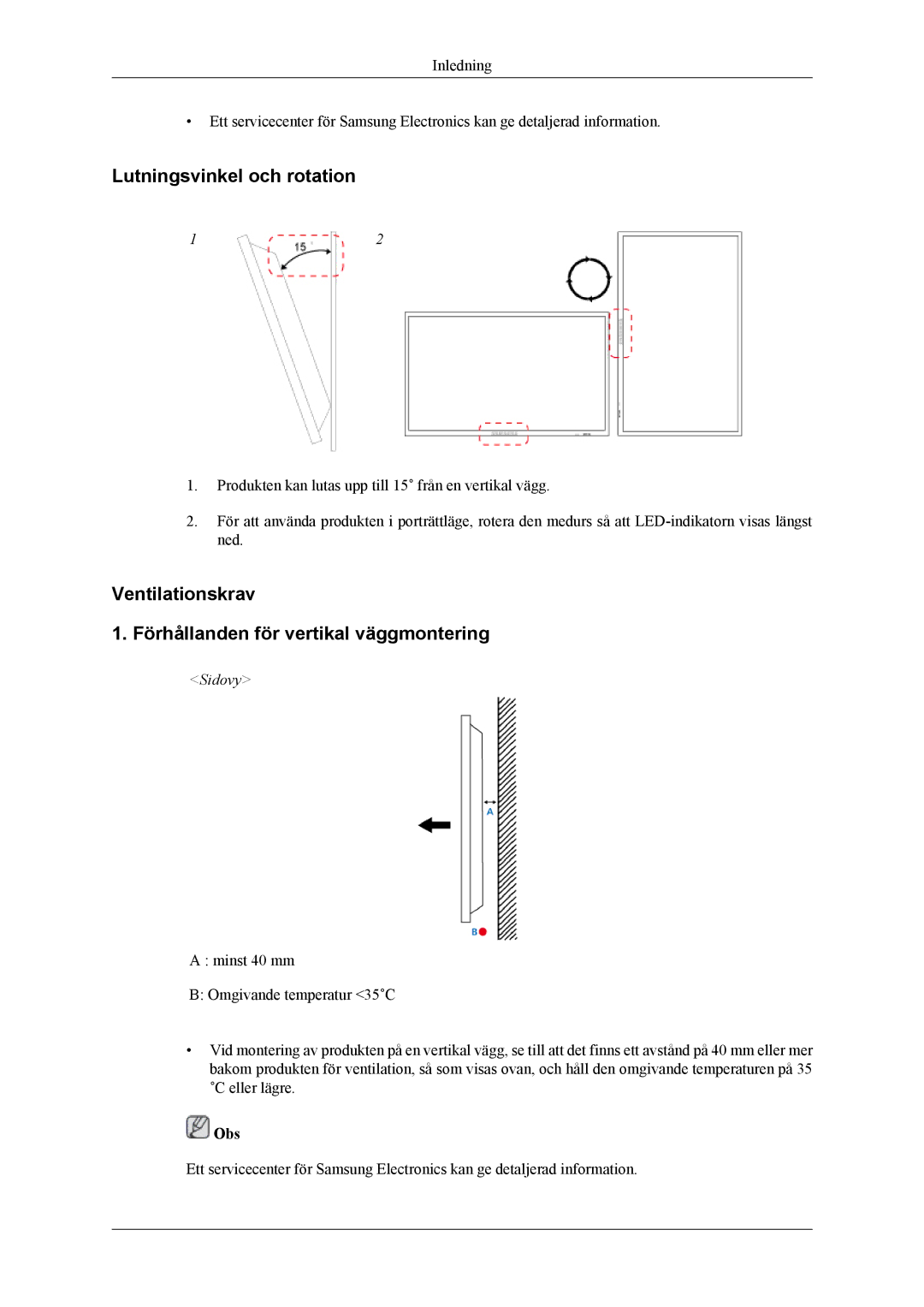 Samsung LH55CPPLBB/EN, LH46CPPLBB/EN Lutningsvinkel och rotation, Ventilationskrav Förhållanden för vertikal väggmontering 