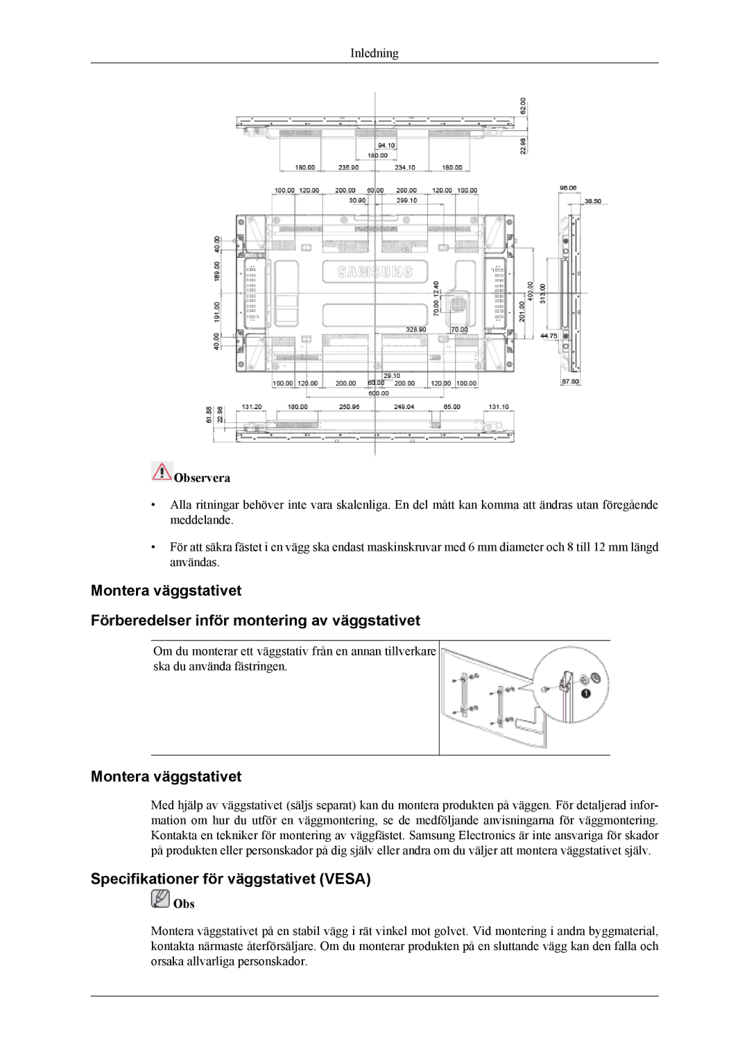 Samsung LH46CPPLBB/EN, LH55CPPLBB/EN manual Montera väggstativet, Specifikationer för väggstativet Vesa, Observera 