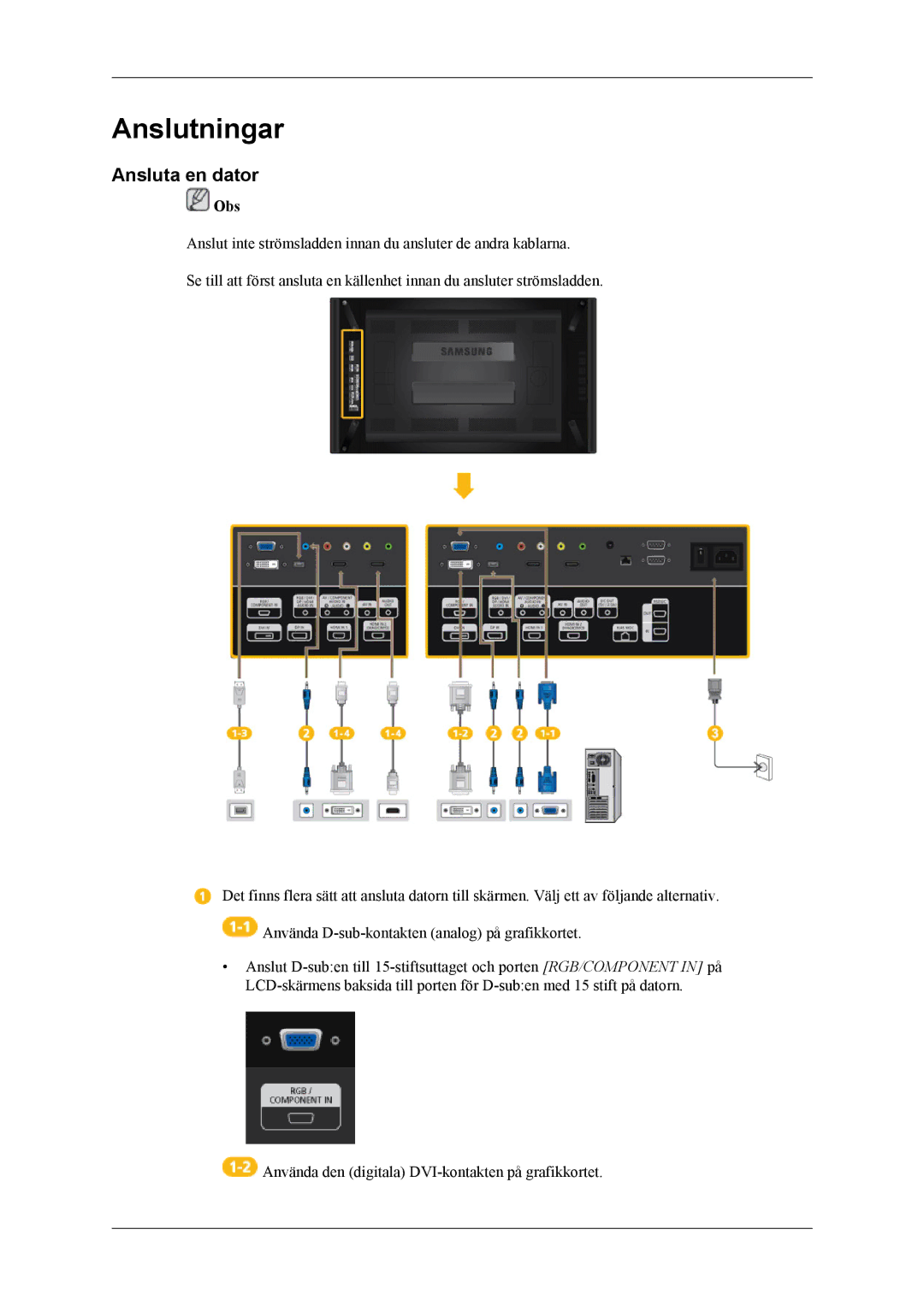 Samsung LH46CPPLBB/EN, LH55CPPLBB/EN manual Anslutningar, Ansluta en dator 