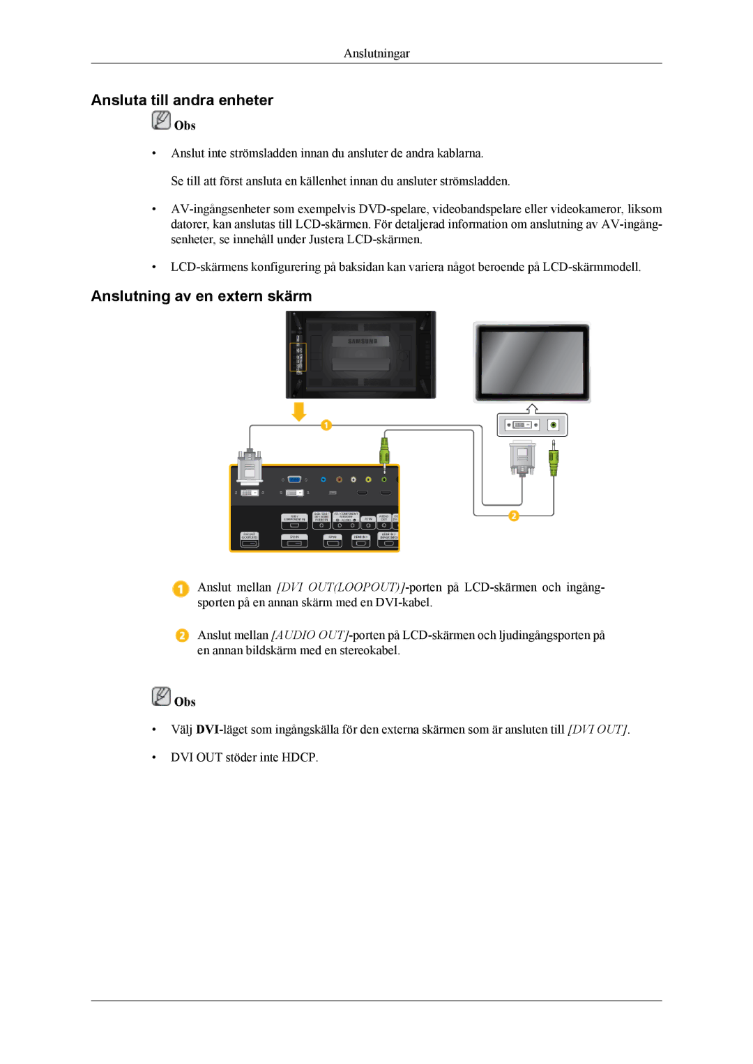 Samsung LH46CPPLBB/EN, LH55CPPLBB/EN manual Ansluta till andra enheter, Anslutning av en extern skärm 