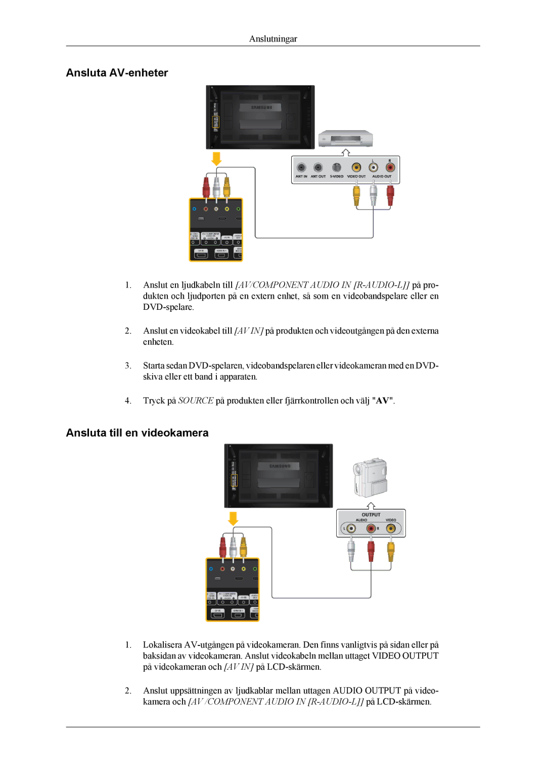 Samsung LH55CPPLBB/EN, LH46CPPLBB/EN manual Ansluta AV-enheter, Ansluta till en videokamera 