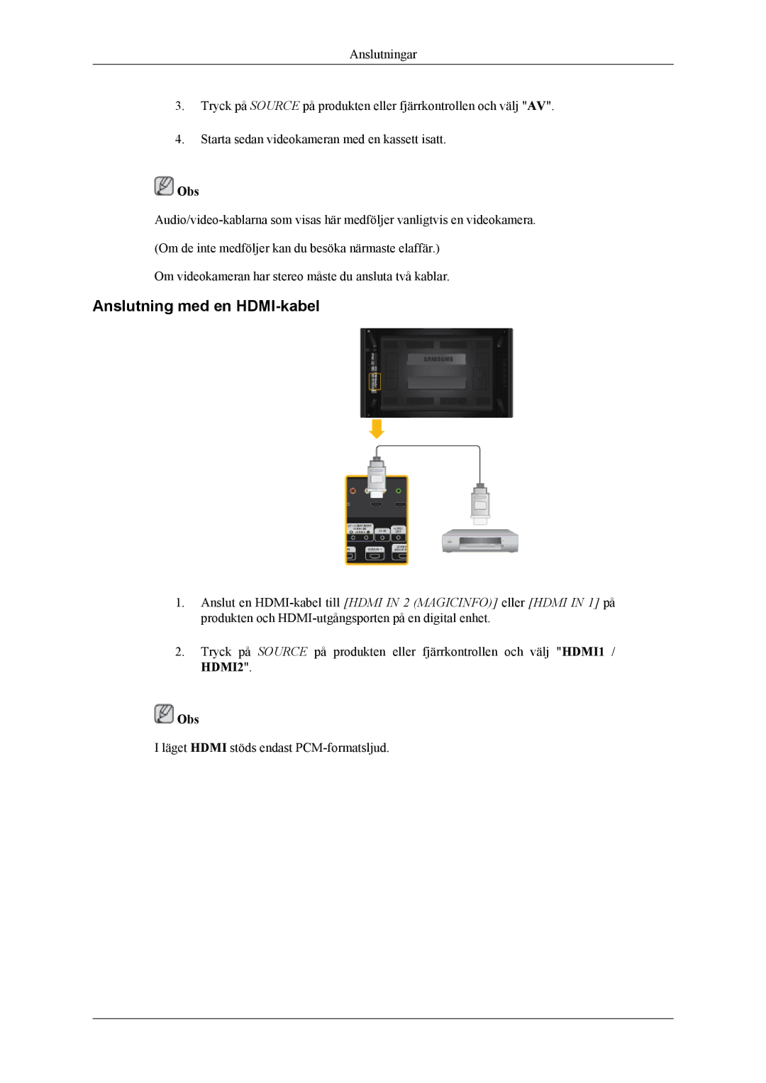 Samsung LH46CPPLBB/EN, LH55CPPLBB/EN manual Anslutning med en HDMI-kabel 